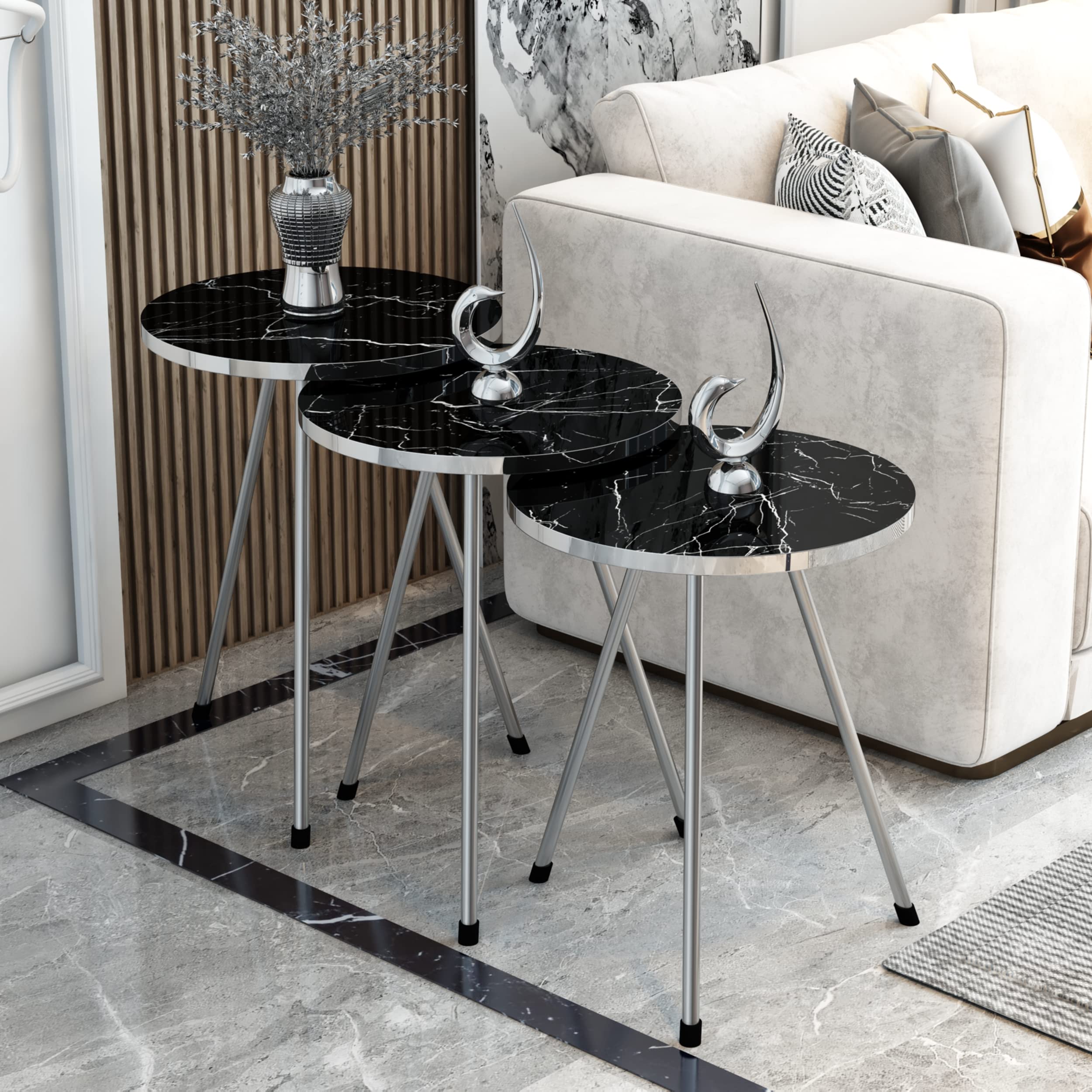 4 Piece Living Room Table Set - 1 Coffee Table & 3 Nesting Tables, No-Tools Assembly, Black Marble/Gray Finish, Ellipse Coffee Table with Round Side Tables - Perfect for Small Spaces, Apartment Decor & Modern Home Furniture
