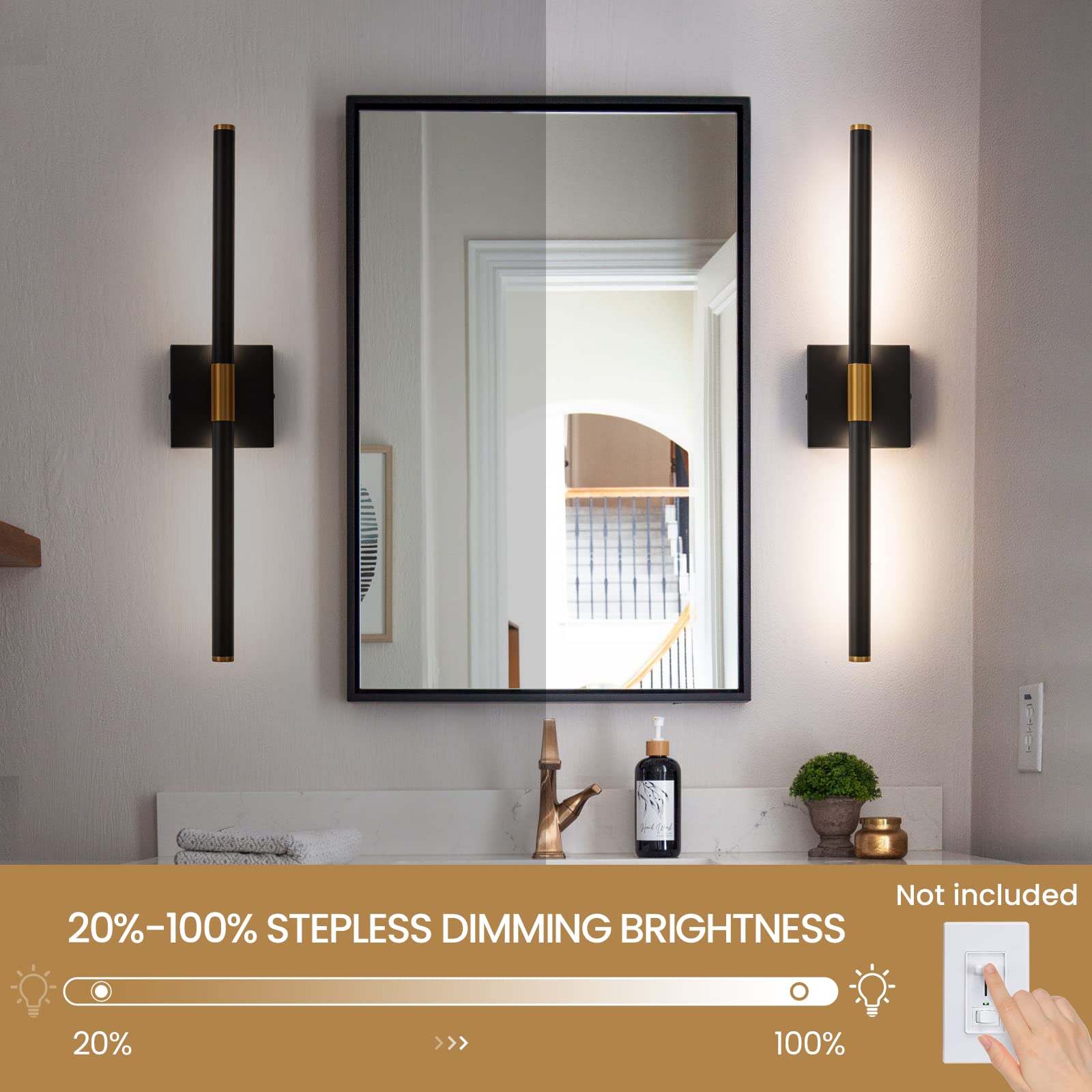 Faziyo 24 Inch Black Gold LED Bathroom Vanity Light - Dimmable Mirror Lighting Fixture, 4000K Modern Wall Sconce for Bathroom & Picture Lights for Paintings | Perfect for Home Decor, Makeup Vanity & Art Gallery Lighting