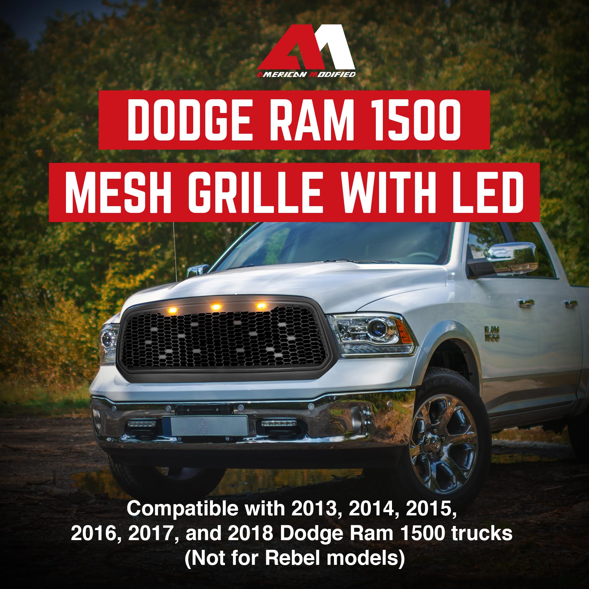 2013-2018 Dodge Ram 1500 Replacement Front Grille with Amber Lights - Matte Black Mesh Grill for Off-Road & Truck Customization | Enhanced Style & Durability for Pickup Trucks