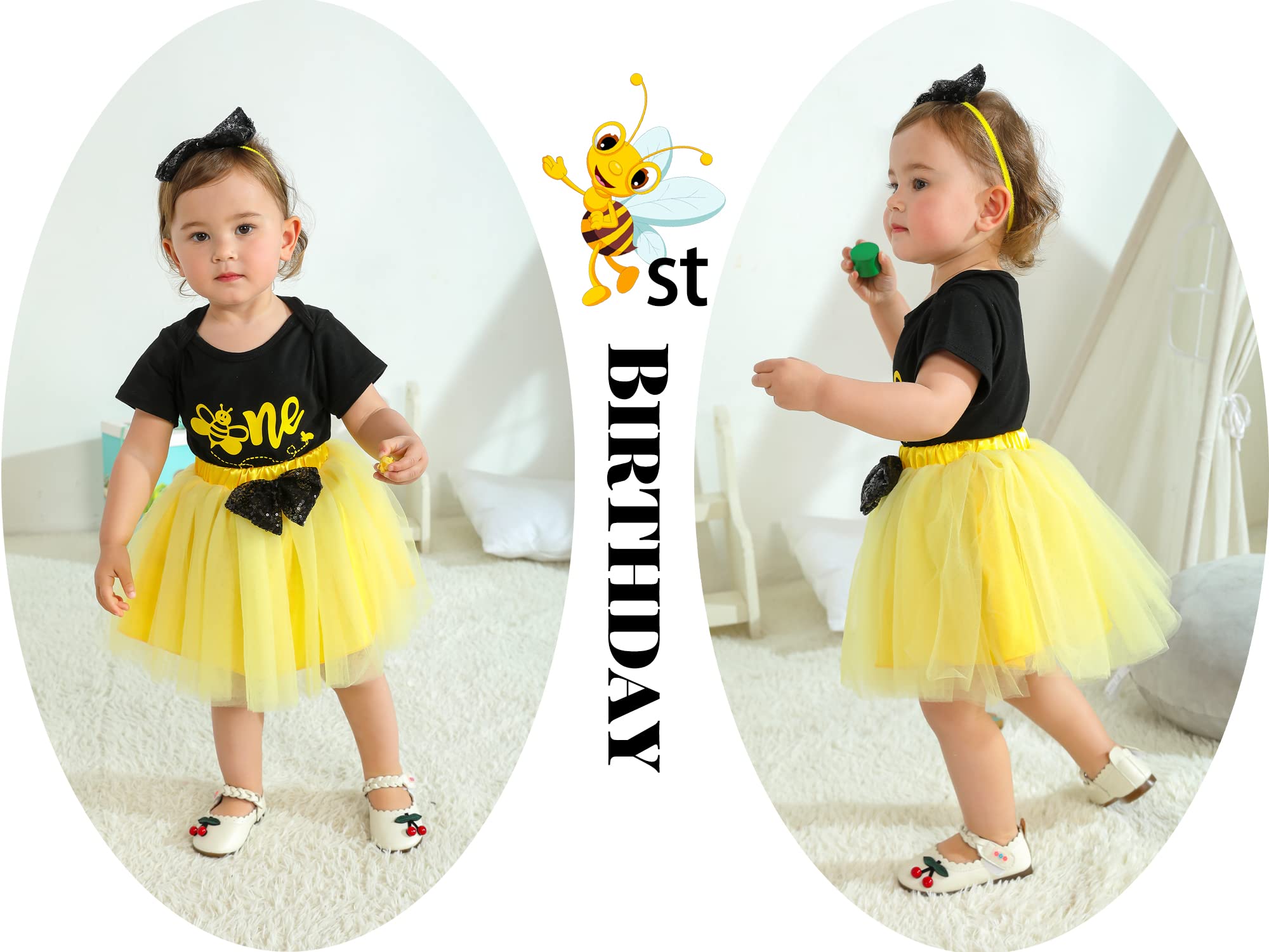HappyBee Baby Girls' 1st Birthday Outfit - Sunflower Bee Romper with Tulle Tutu Skirt & Sequin Bow - Adorable Party Dress Set for Photoshoots, Birthday Celebrations & Special Occasions