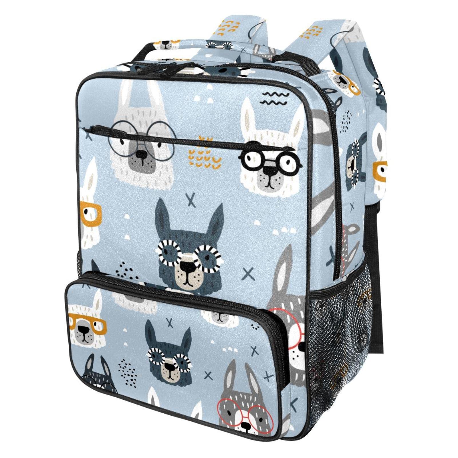 Stylish Unisex Travel Backpack with Laptop Compartment - Durable Canvas School Bookbag for Teens (Cute Cartoon Glasses & Alpaca Print Design) - Perfect for College, Commuting & Weekend Getaways