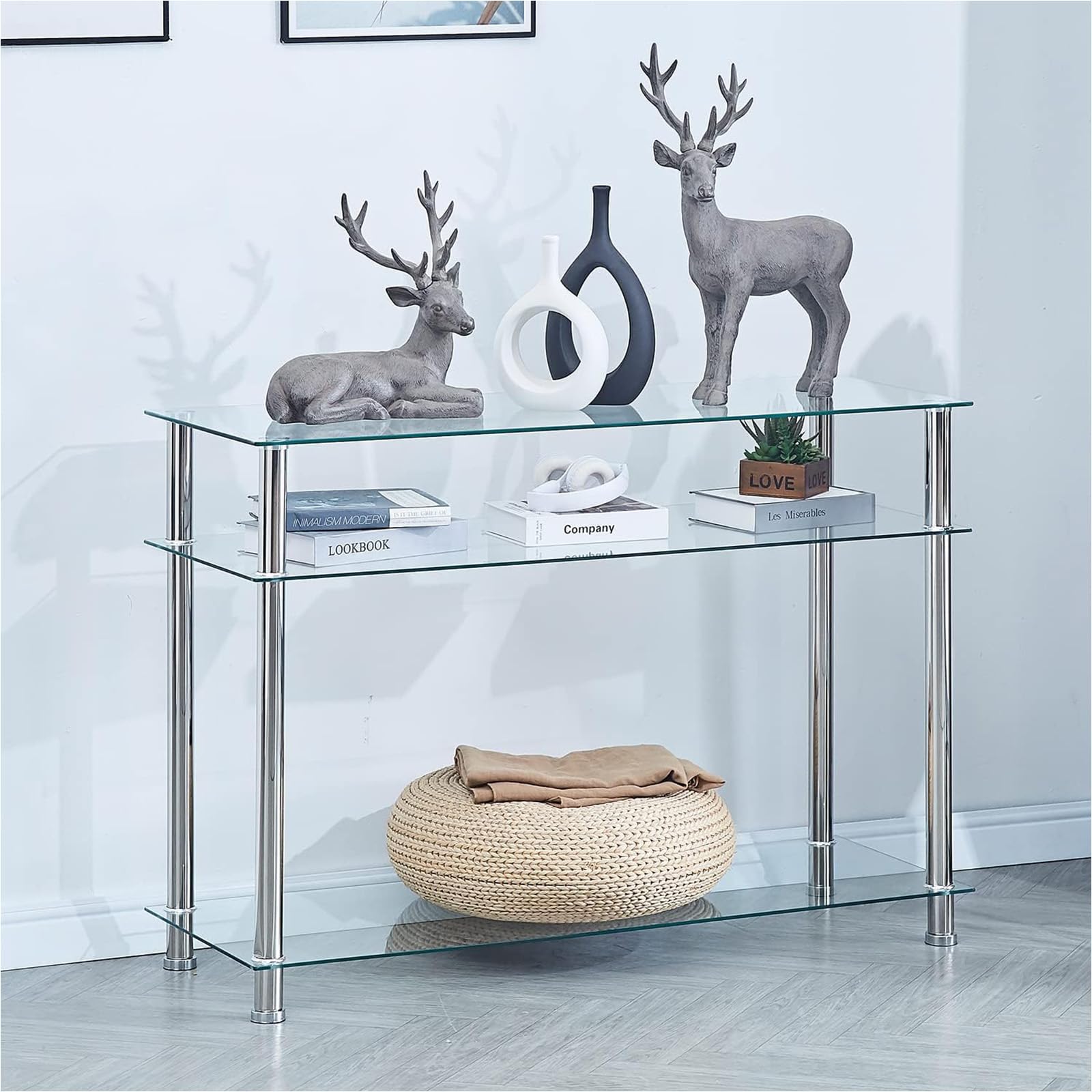 Rustic Brown & Black Glass Console Table with Storage Shelves - Entryway Sofa Table for Hallway, Living Room, Bedroom - Sturdy Metal Frame & Easy Assembly (Clear) - Perfect for Home Decor, Small Space Organization & Stylish Display