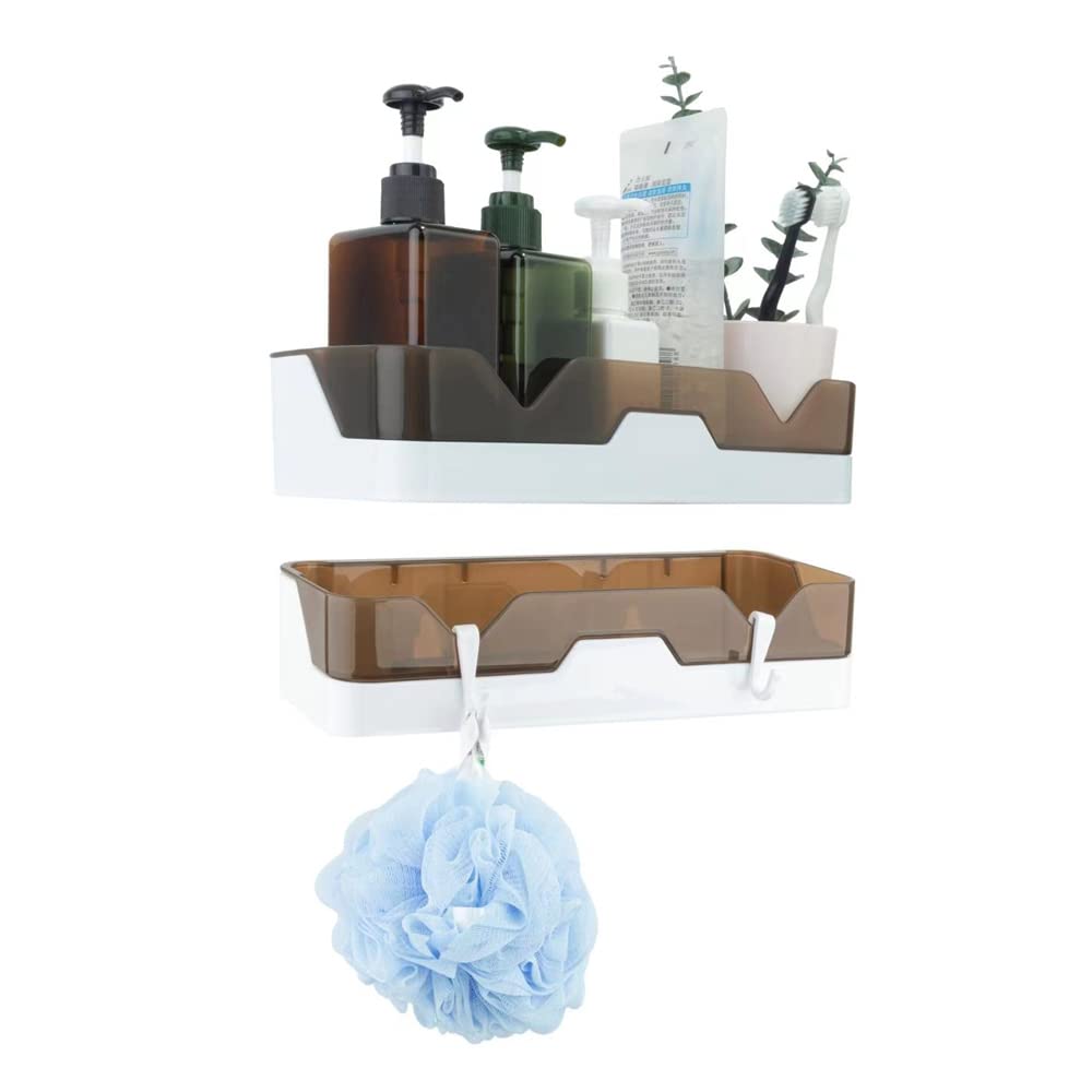 2 Pack Wall Mounted Bathroom Storage Shelves with 4 Mini Hooks - Separable Kitchen Organizer & Shower Caddy - No Drill Adhesive Spice Rack for Seasonings - Perfect for Bathroom, Kitchen & Shower Organization (Amber)
