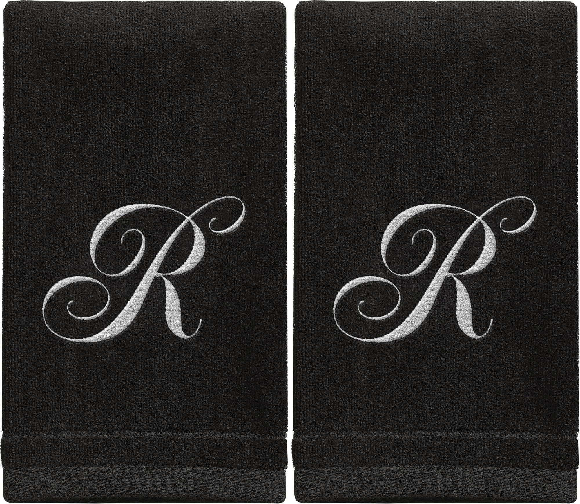 Personalized Monogrammed Towels Set of 2 - 11x18 Inch Extra Absorbent 100% Cotton Fingertip Towels with Soft Velour Finish - Initial R Embroidery in Black - Perfect for Bathroom, Kitchen, Spa & Thoughtful Gift Giving
