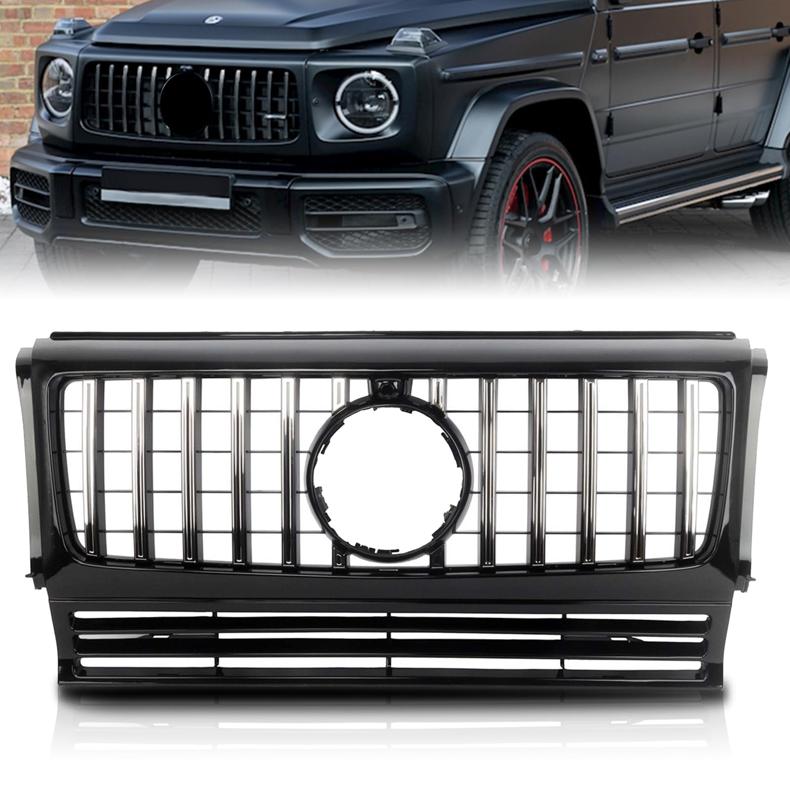 KARPAL Front GT Grille Compatible with 1990-2017 Mercedes W463 G-CLASS G Wagon G550 G500 G350 G55 G63 AMG - Black & Chrome Style Upgrade for Off-Road & Urban Driving