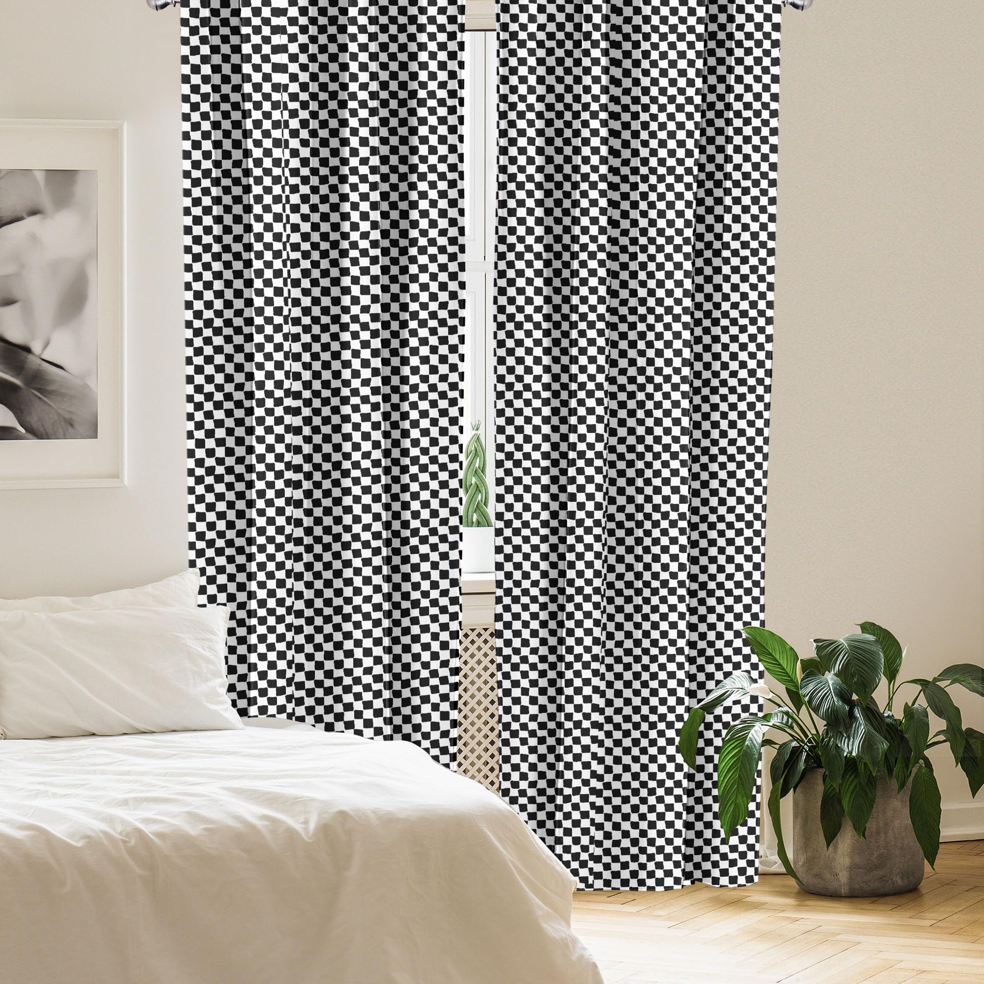 Ambesonne Mudcloth Curtains - Modern Geometric Checkered Abstract Square Pattern Window Drapes, 2 Panel Set for Living Room & Bedroom Decor, 56