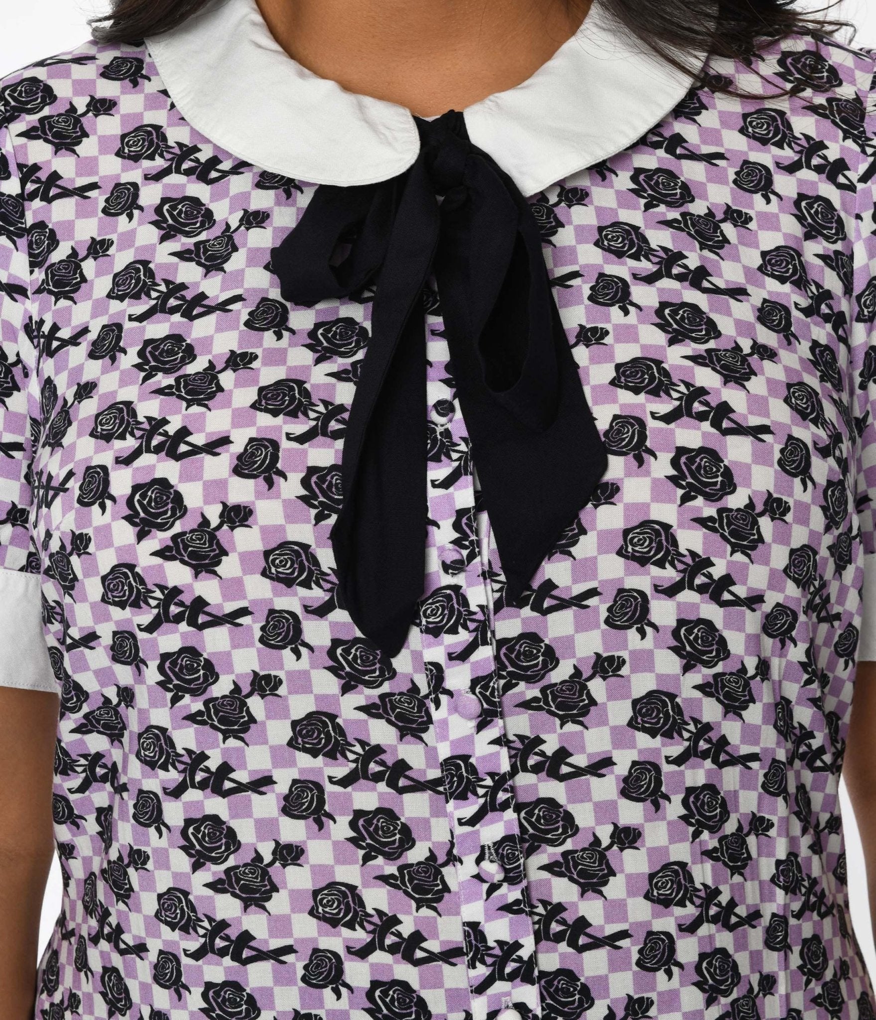 Lavender and White Checkered Rose Shift Dress - Floral Print Summer Dress for Women - Perfect for Casual Outings, Picnics, and Date Nights