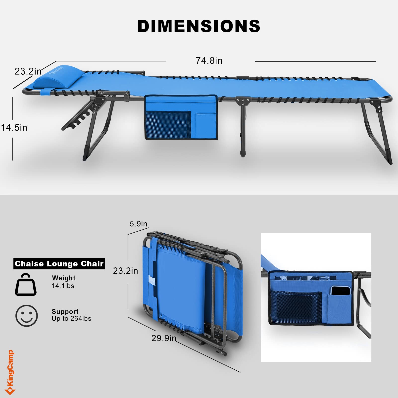 KingCamp Folding Adjustable Patio Chaise Lounge Chair - Heavy Duty Portable Outdoor Recliner for Pool, Beach, Sunbathing, Deck & Lawn - Lay Flat Foldable Camping Cot with Pillow - Perfect for Relaxing, Travel & Backyard Lounging