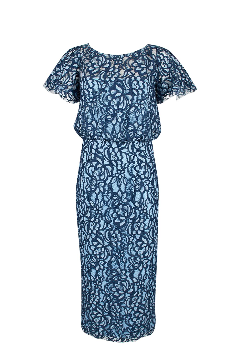 JS Collections Women's Navy Multi Boat Neck Short Sleeve Blouson Zipper Back Lace Dress - Elegant Casual Wear for Parties, Dates & Special Occasions