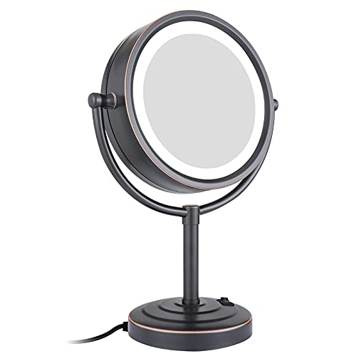 GuRun 8 Inch LED Vanity Mirror with 10X Magnification - Double-Sided Oil-Rubbed Bronze Makeup Mirror with Adjustable Brightness for Professional Makeup Application, Skincare Routine & Grooming at Home or Salon