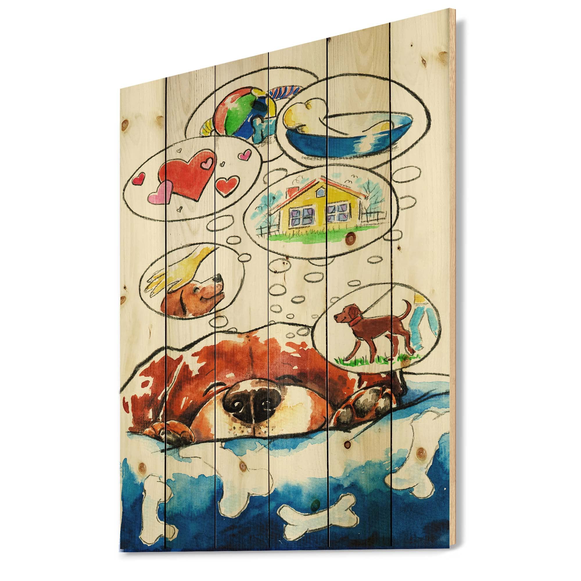 DesignQ Dog Dreams Wood Wall Art for Kids - Brown Animal-Themed Pine Wood Wall Decor Panels - Perfect for Nursery, Playroom & Children's Bedroom Decor