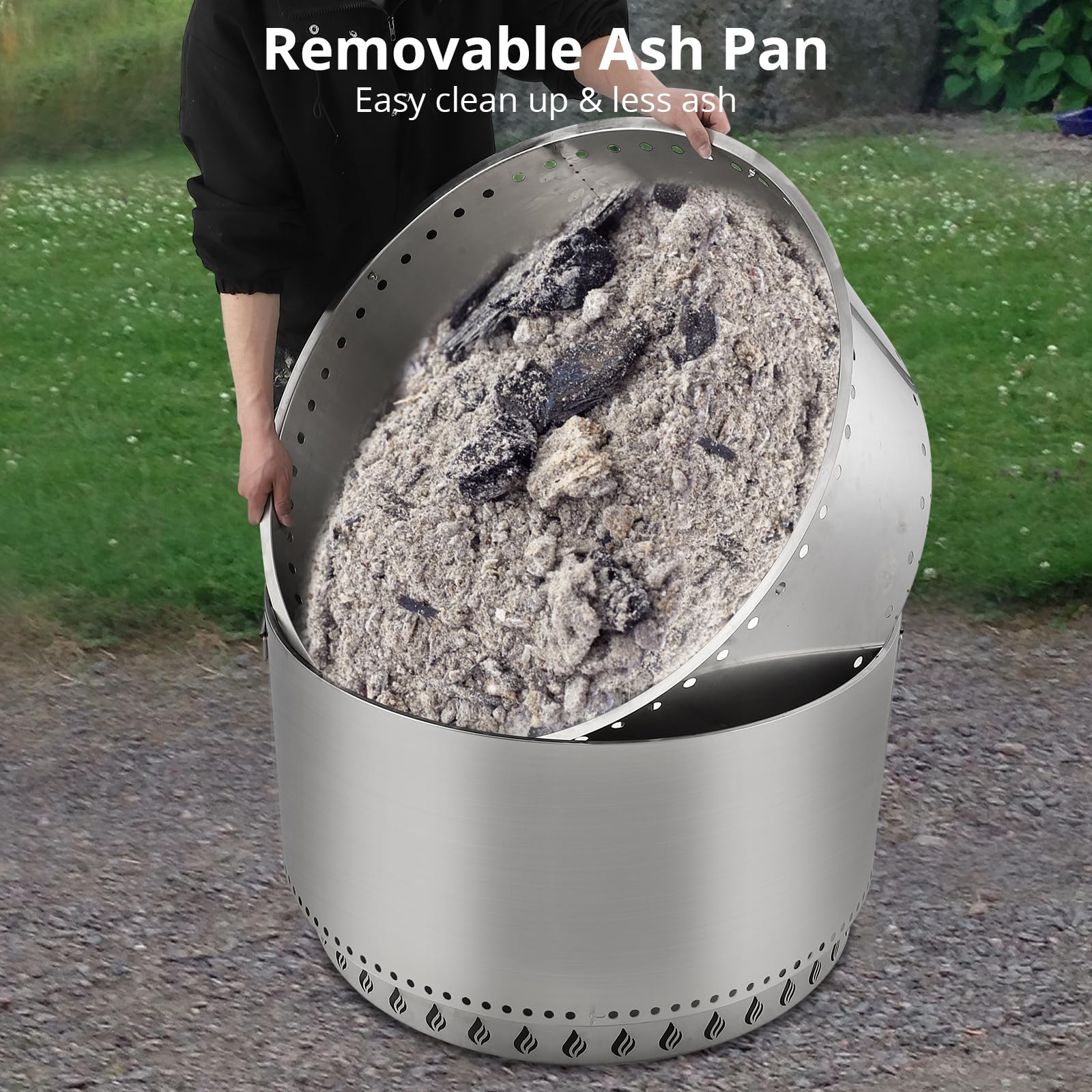 GARVEE 32 Inch Smokeless Fire Pit - 304 Stainless Steel Wood Burning Fire Pit with Removable Ash Pan, Round Bottom Design & Flame Cutout (Includes Handles) - Portable Outdoor Fire Pit for Camping, Backyard, Patio, Garden - Perfect for S'mores, Bonfires & Outdoor Gatherings