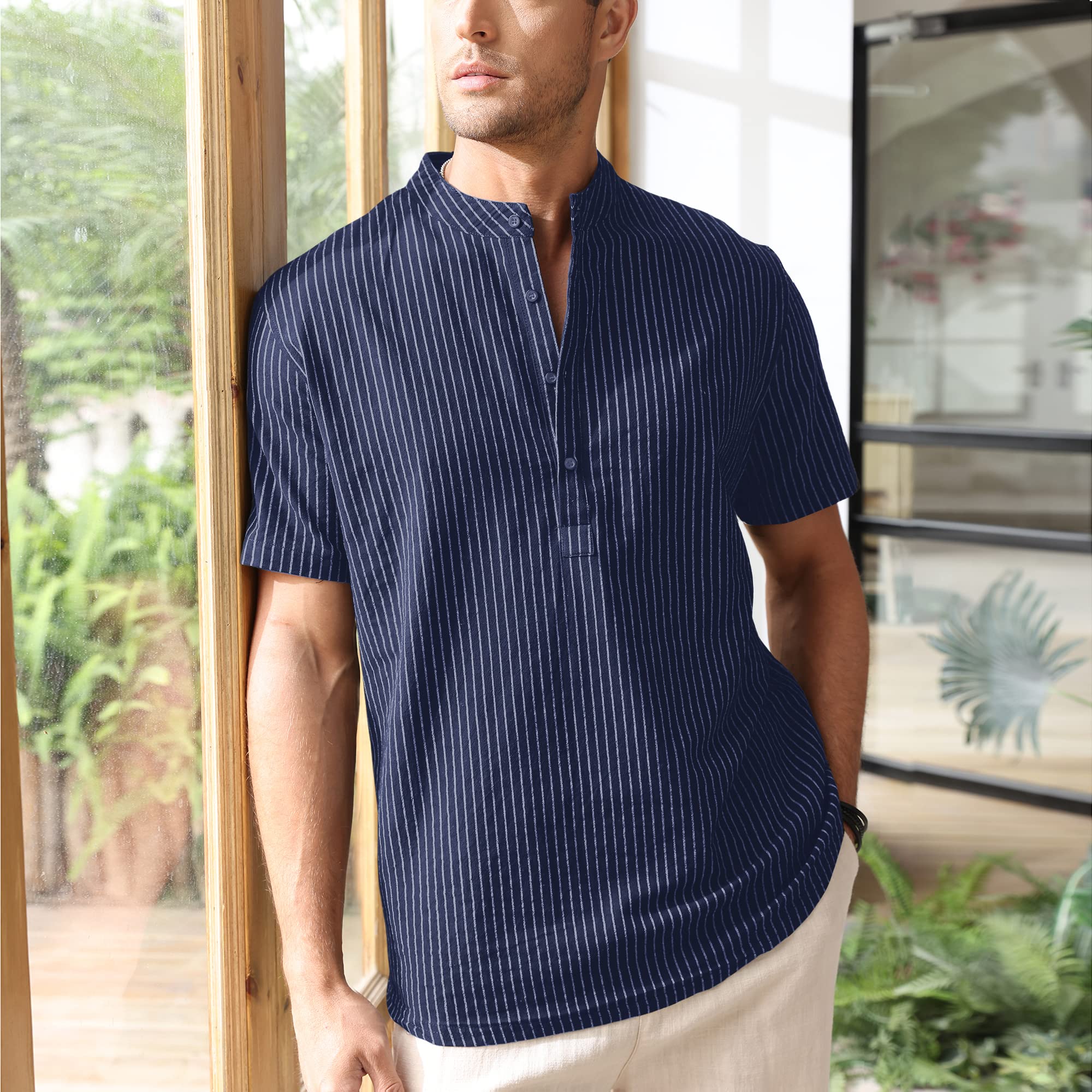Men's Linen Shirts - Breathable Cotton Henley Neck Striped Tops for Summer | Casual Short Sleeve Button Down Shirt for Beach, Vacation & Outdoor Activities