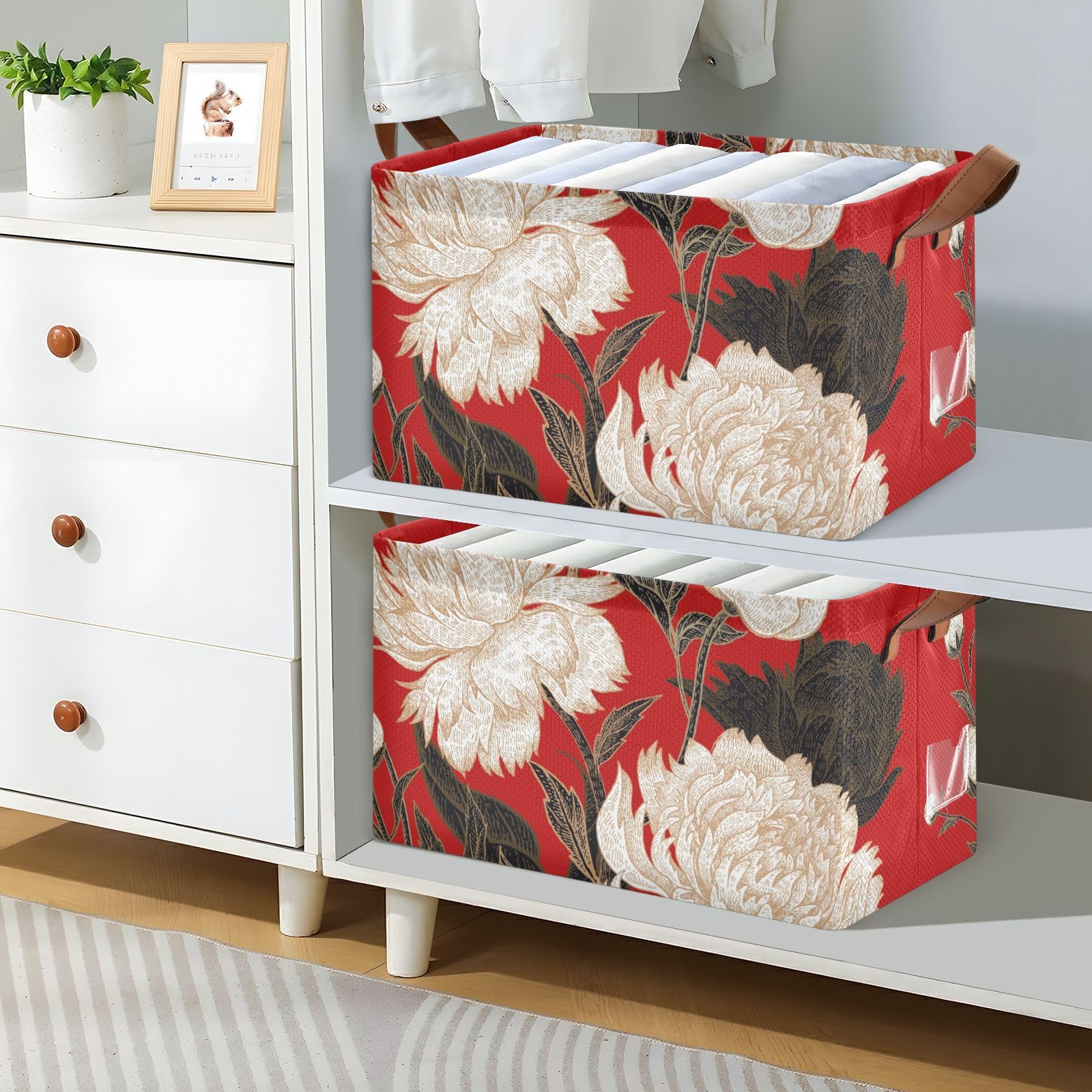 White Peony Red Fabric Storage Bins with Handles - 2 Pack Rectangle Woven Storage Baskets for Closet, Shelf & Home Organization | Perfect for Toys, Blankets & Laundry