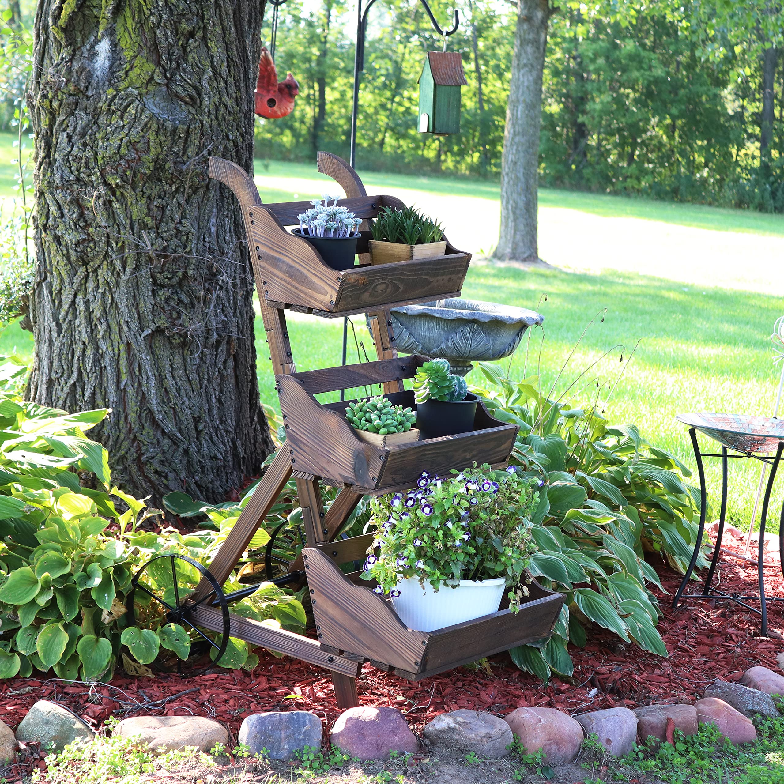 3-Tier Wooden Plant Stand with Iron Wheels - Mobile Rolling Garden Cart for Indoor/Outdoor Plants - 39.25 Inch Height Brown Finish - Perfect for Patio, Balcony & Home Decor