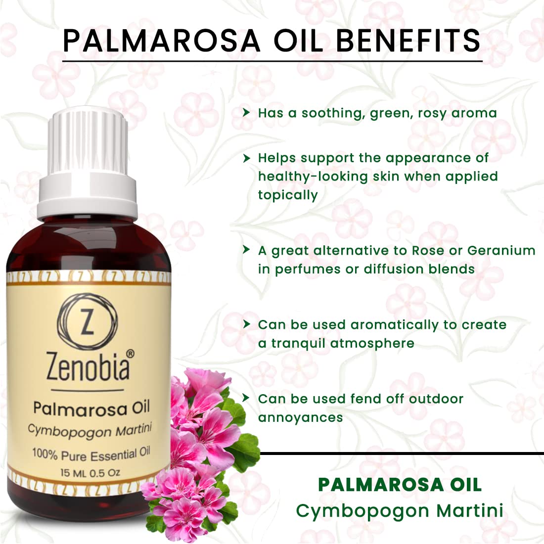 Zenobia Palmarosa Essential Oil - 100% Pure Natural Therapeutic Grade Oil for Hair Growth, Beard Care, Face & Skin Moisturizer (15ml) - Perfect for Aromatherapy, Massage & DIY Beauty Products