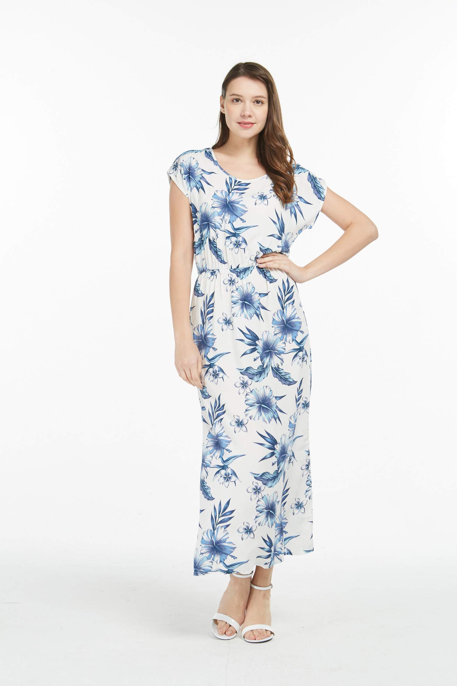 Women's Floral Hawaiian Luau Cap Sleeve Maxi Dress - Beach Party, Summer Vacation & Tropical Getaway Outfit