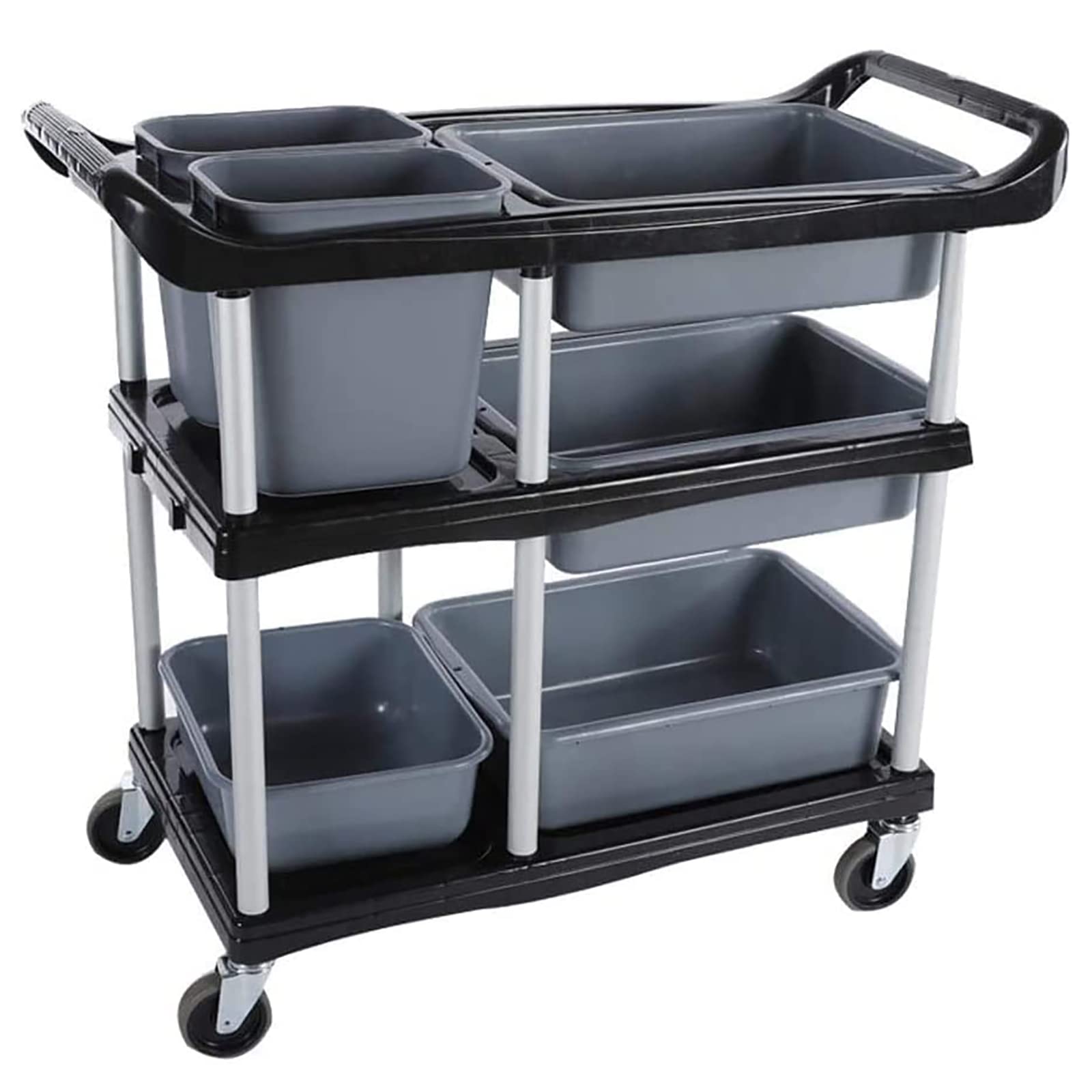 3-Tier Heavy Duty Rolling Utility Cart with Wheels - Commercial Grade Mobile Storage Cart for Kitchen, Bar, Restaurant - Premium Organization Shelving Unit with 4 Basins & 2 Barrels (Black) - Perfect for Food Service, Retail Display & Home Organization