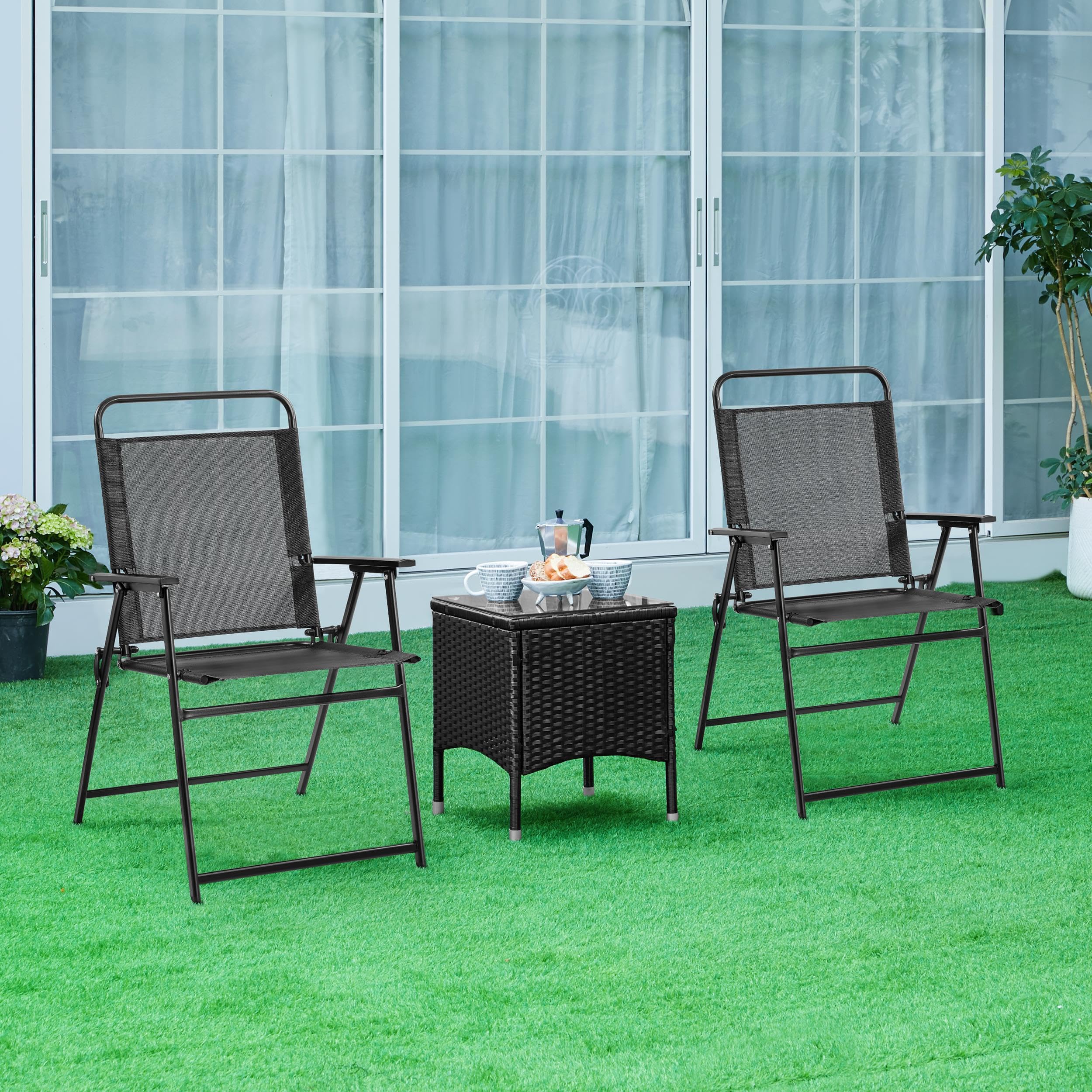 Yaheetech 2-Pack Outdoor Patio Chairs - Foldable Metal Frame Garden Chairs with Armrests, Portable Dining Chairs for Camping, Backyard, Lawn, Deck & Porch - Perfect for Outdoor Relaxation & Entertaining (Black)