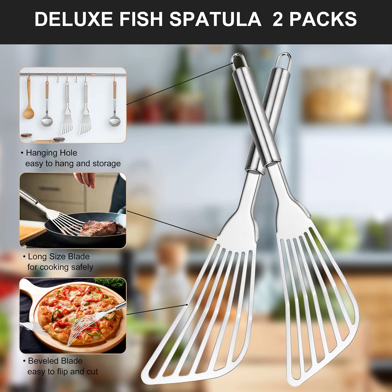 Premium 2-Piece Stainless Steel Fish Spatula Set - Heavy Duty Metal Turner with Thick Blade for Grilling, Frying & Cooking - Perfect for BBQ, Pancakes, Burgers & Kitchen Use