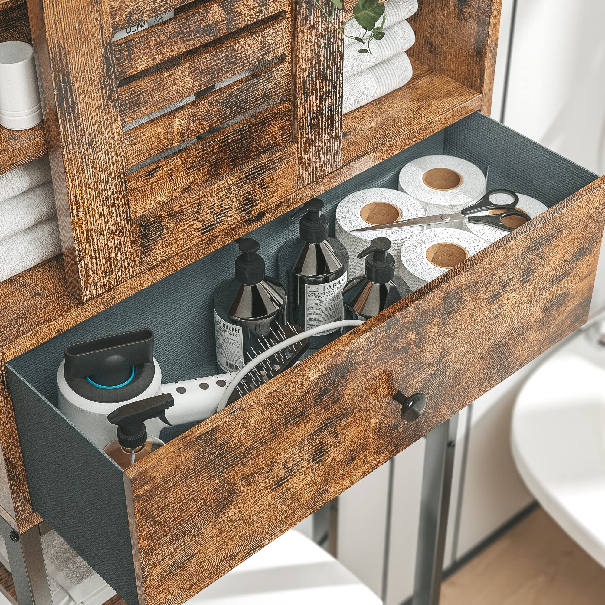 Vintage Brown Over The Toilet Storage Rack with Cabinet & 6-Tier Shelves - Adjustable Bathroom Organizer with Sliding Door, Paper Hook - Space Saving Solution for Small Bathrooms, Apartments & Dorm Rooms