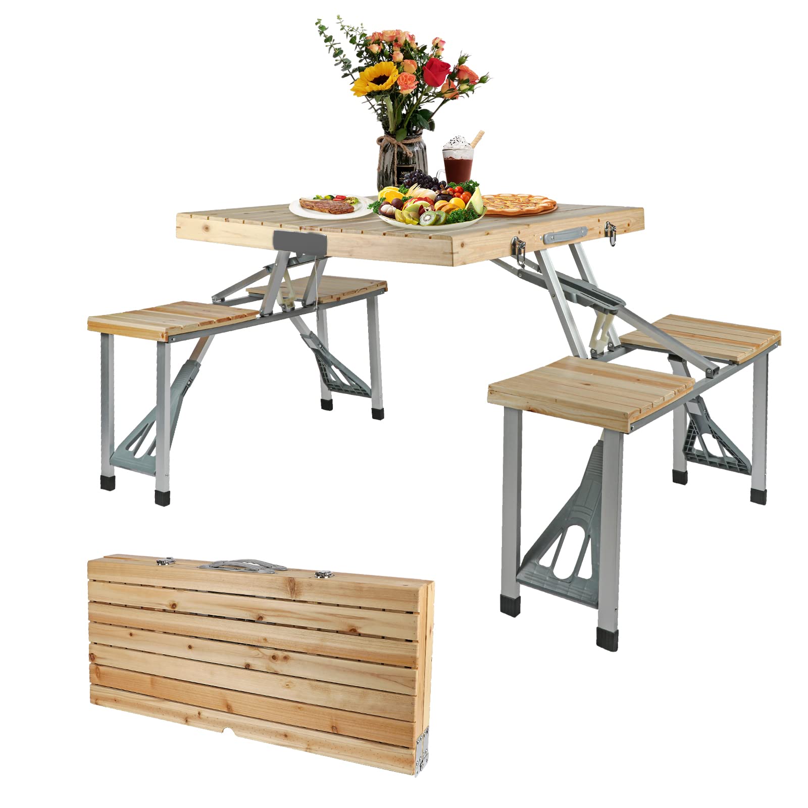 Portable Folding Picnic Table with Seat & Umbrella Holes - Lightweight Aluminum Camping Table - Compact Foldable Beach Table Set for Indoor, Outdoor, Travel & Parties - Perfect for Backyard BBQs, Beach Picnics & Camping Trips (Wood)