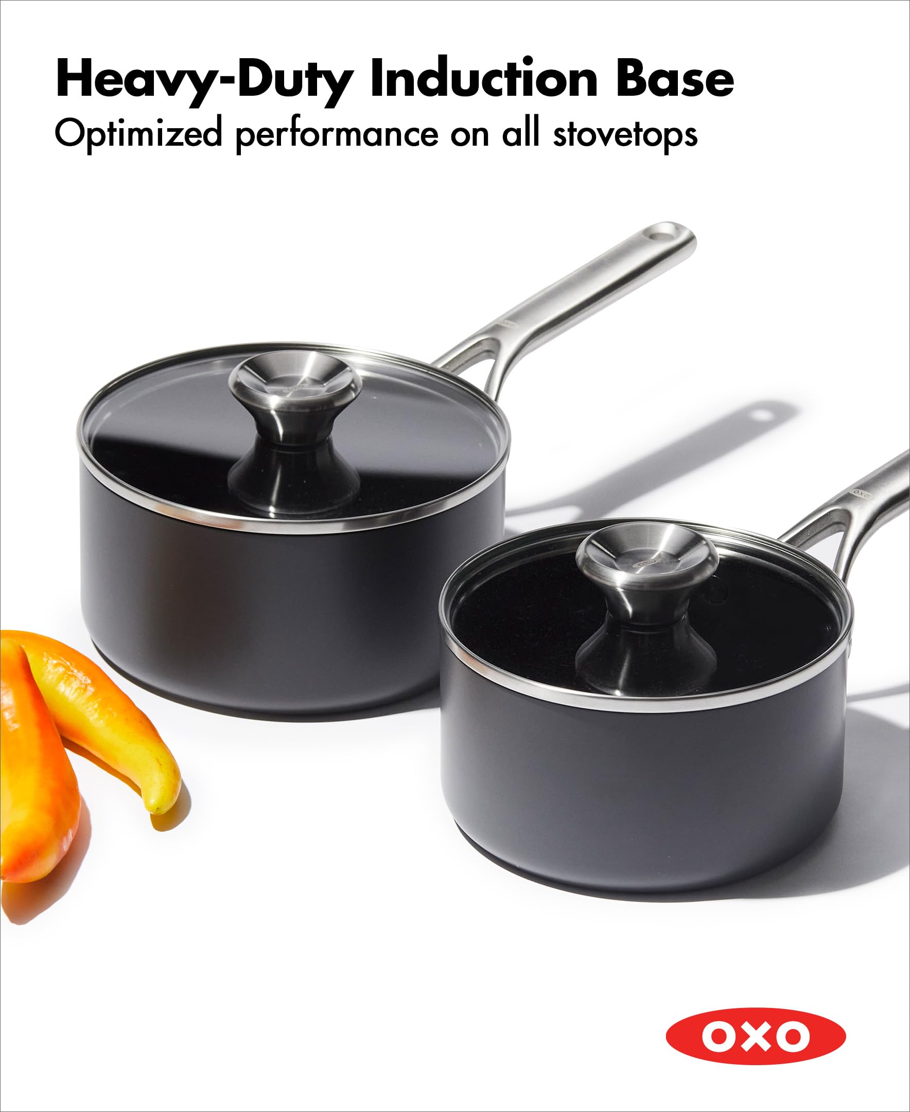 OXO Professional 1.7QT & 2.3QT Nonstick Saucepan Set with Lids - Hard Anodized Ceramic Cookware, PFAS-Free, Induction Compatible, Stainless Steel Diamond Reinforced Coating, Dishwasher & Oven Safe - Perfect for Sauces, Soups, and Everyday Cooking