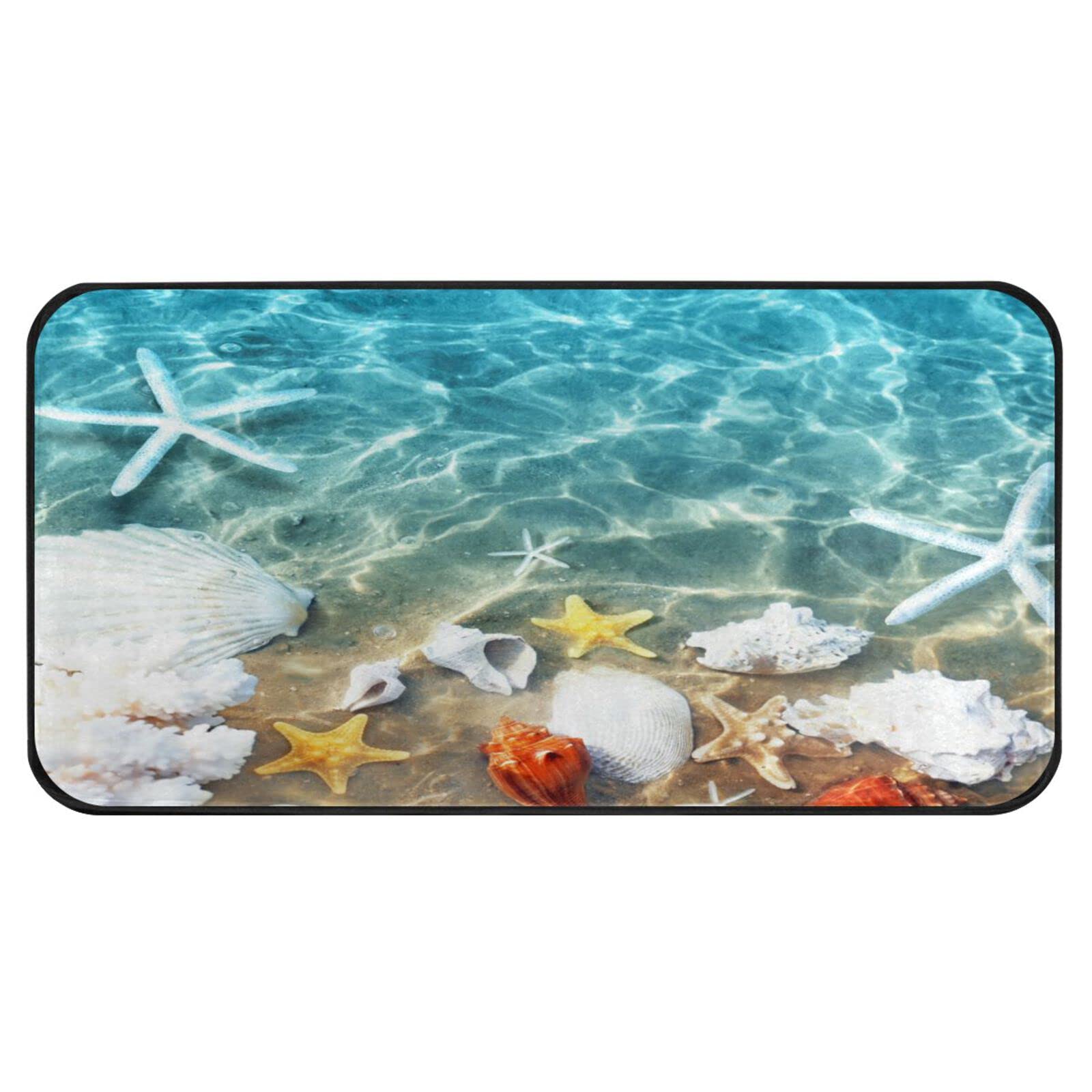 Non-Slip Absorbent Coral Starfish Seashell Bath Mat - 39x20 Inch Washable Kitchen Rug for Bathroom, Beach & Summer Decor - Perfect for Home, Office, Hallway, Sink & Laundry Areas