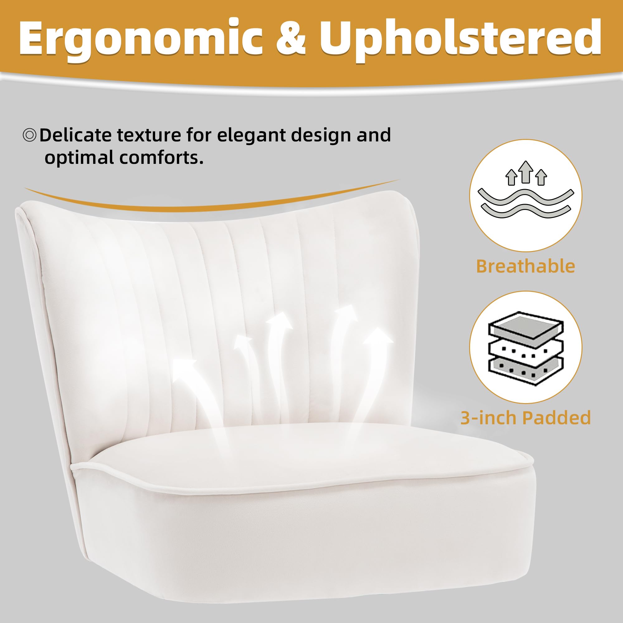 ABET Accent Chairs Set of 2 - Velvet Upholstered Armless Living Room Chairs with Tufted Wingback Design, Thick Cushion & Golden U-Shaped Metal Legs - Modern Comfortable Slipper Chairs for Living Room, Bedroom, or Office - Beige