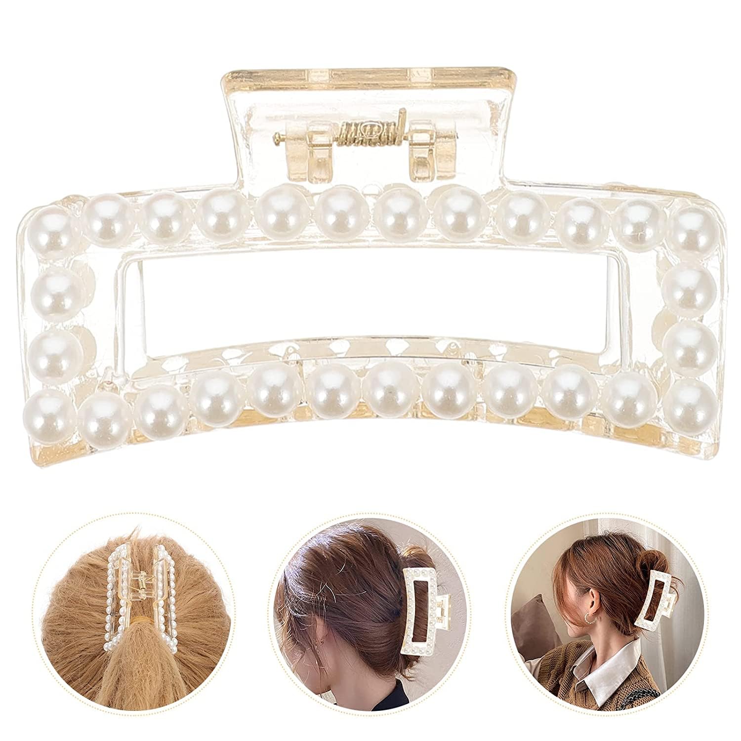 Bakefy 2-Pack Pearl Hair Claw Clips - Square Jaw Hair Clips with Simple Pearl Design for Women & Girls - Perfect for Updos, Ponytails & Everyday Hairstyles