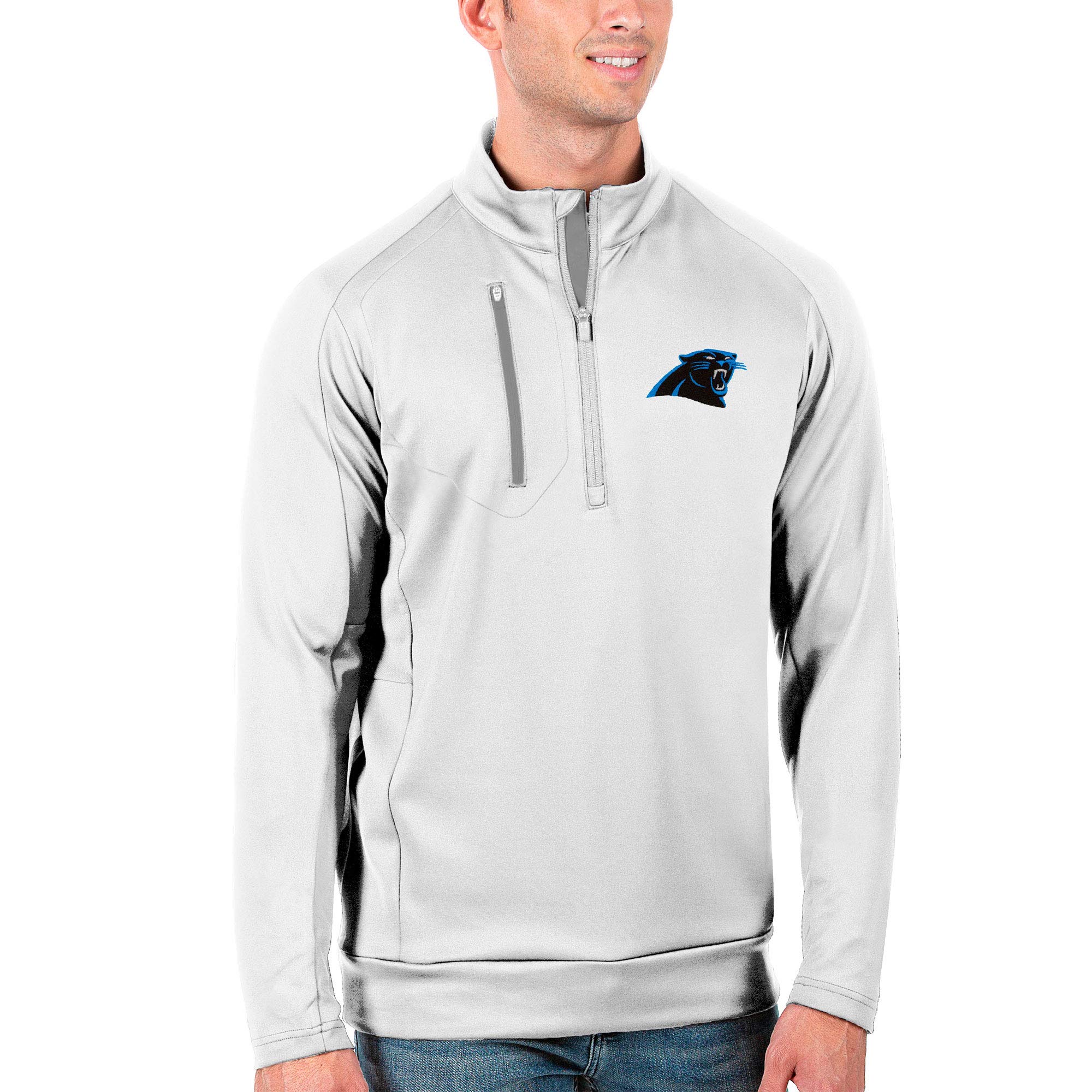 Antigua Men's White & Silver Carolina Panthers Quarter-Zip Pullover Jacket - Lightweight Fleece for Game Day & Casual Wear