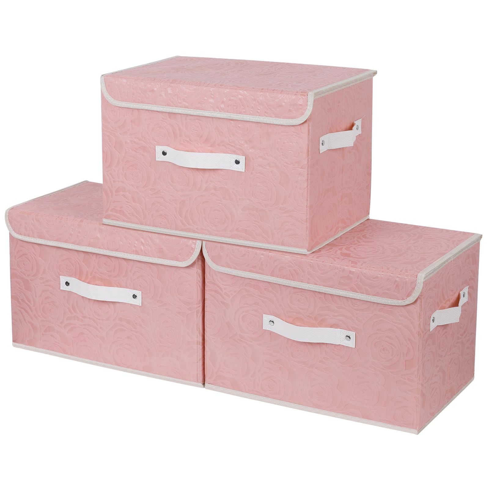 Lucky Monet Cute Storage Bin Boxes with Lids - Washable Decorative Fabric Storage Baskets, Collapsible PU Leather Handle Box Cubes for Shelf Closet Organizer (3-Pack, Pink, Large) - Perfect for Bedroom, Nursery & Home Organization