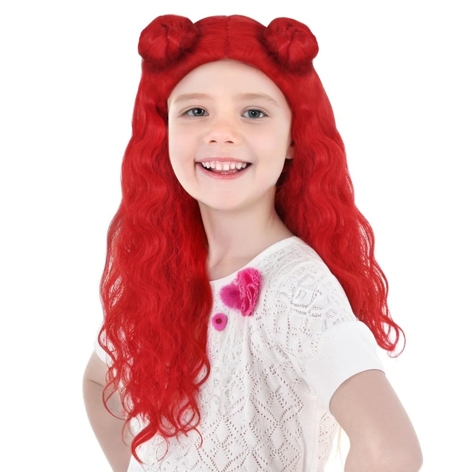 ANOGOL Long Curly Red Wig with 2 Buns - Synthetic Cosplay Hair for Women & Girls - Perfect for Halloween, Themed Parties, Costume Events & Cosplay Outfits