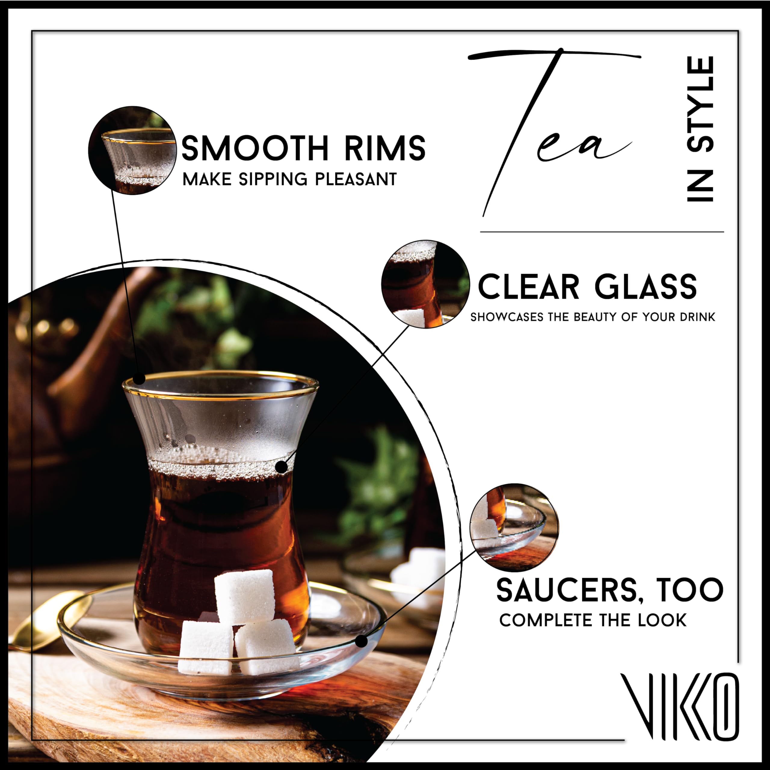 Vikko Turkish Tea Glasses & Saucers Set - 6 Clear Glass Tea Cups with Gold Accents (5.5 Oz Each) & 6 Matching Plates - Authentic Turkish Tea Set for Home, Cafe or Gift