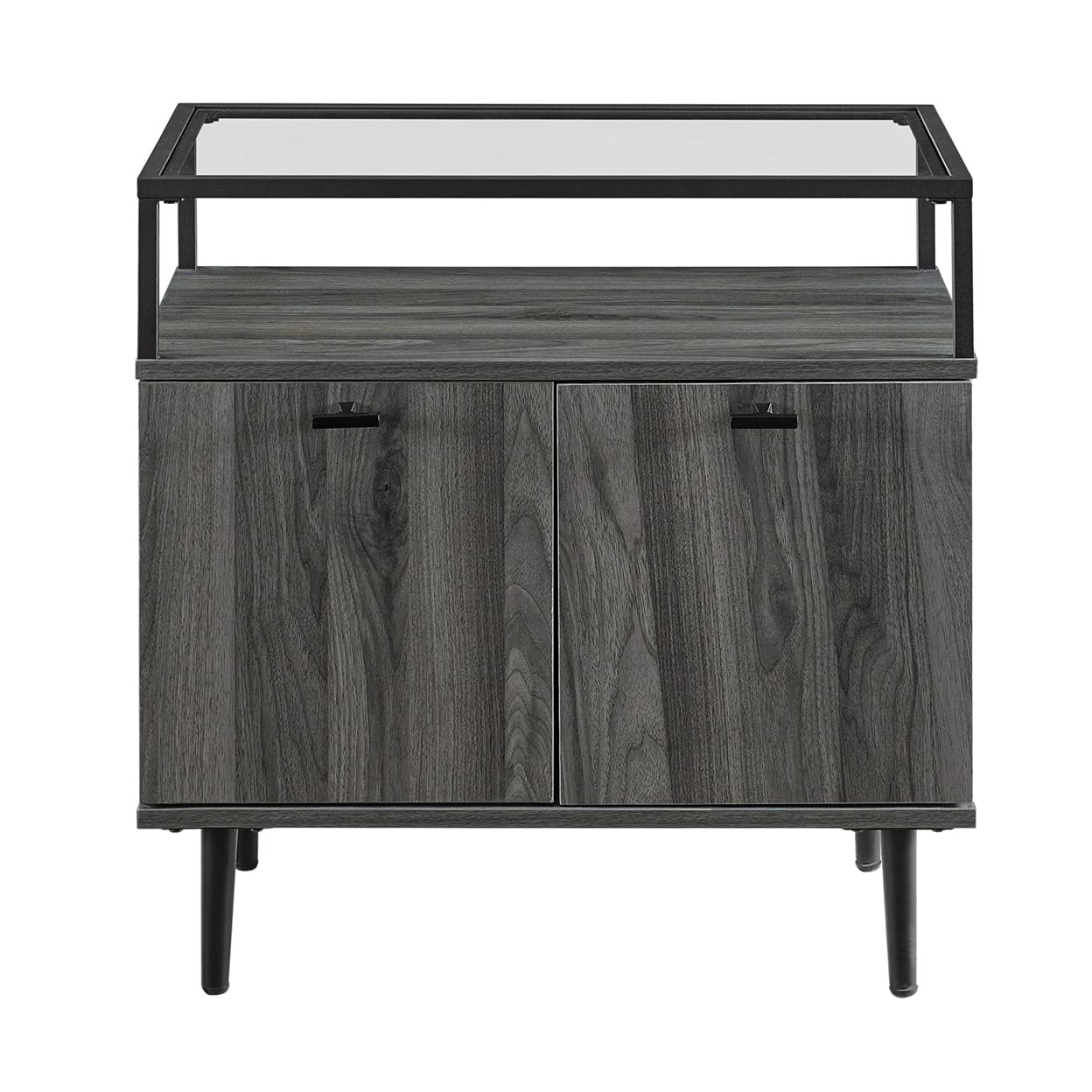 Walker Edison Modern Glass and Wood End Side Table with 2 Drawers - Slate Grey - Living Room, Bedroom, or Office Storage Furniture for Small Spaces
