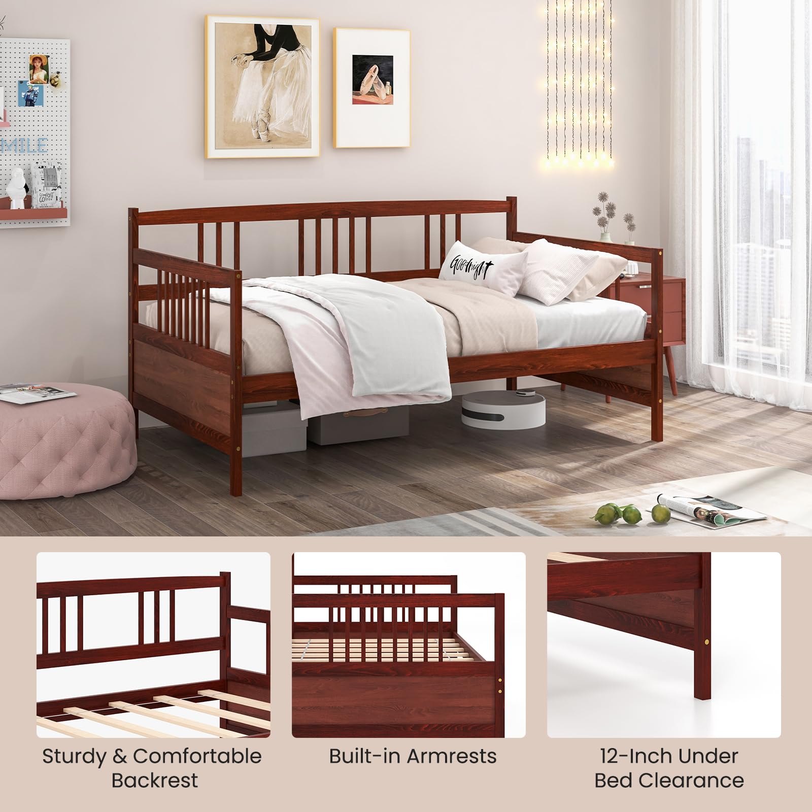 Giantex Twin Size Wooden Daybed Frame with Rails & Slat Support - Convertible Sofa Bed for Guest Room, Living Room or Bedroom - No Box Spring Needed - Cherry Finish - Perfect for Small Spaces, Sleepovers & Multi-Functional Furniture Needs