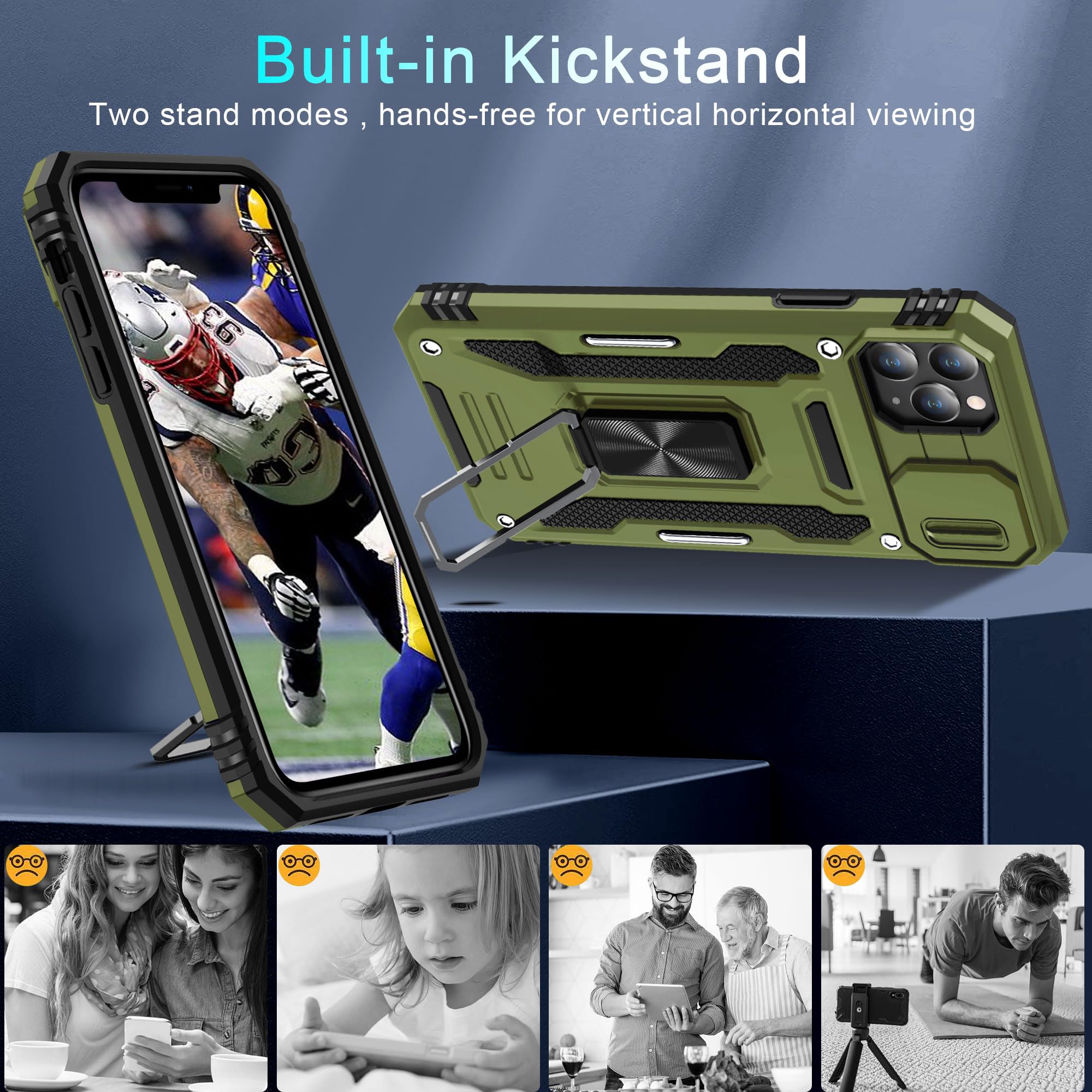 DEERLAMN iPhone 11 Pro Max Case with Slide Camera Cover & Screen Protector (6.5 Inch) - Military Grade Shockproof Protective Cover with Rotating Ring Kickstand in Olive Green | Perfect for Outdoor Activities, Travel & Daily Protection