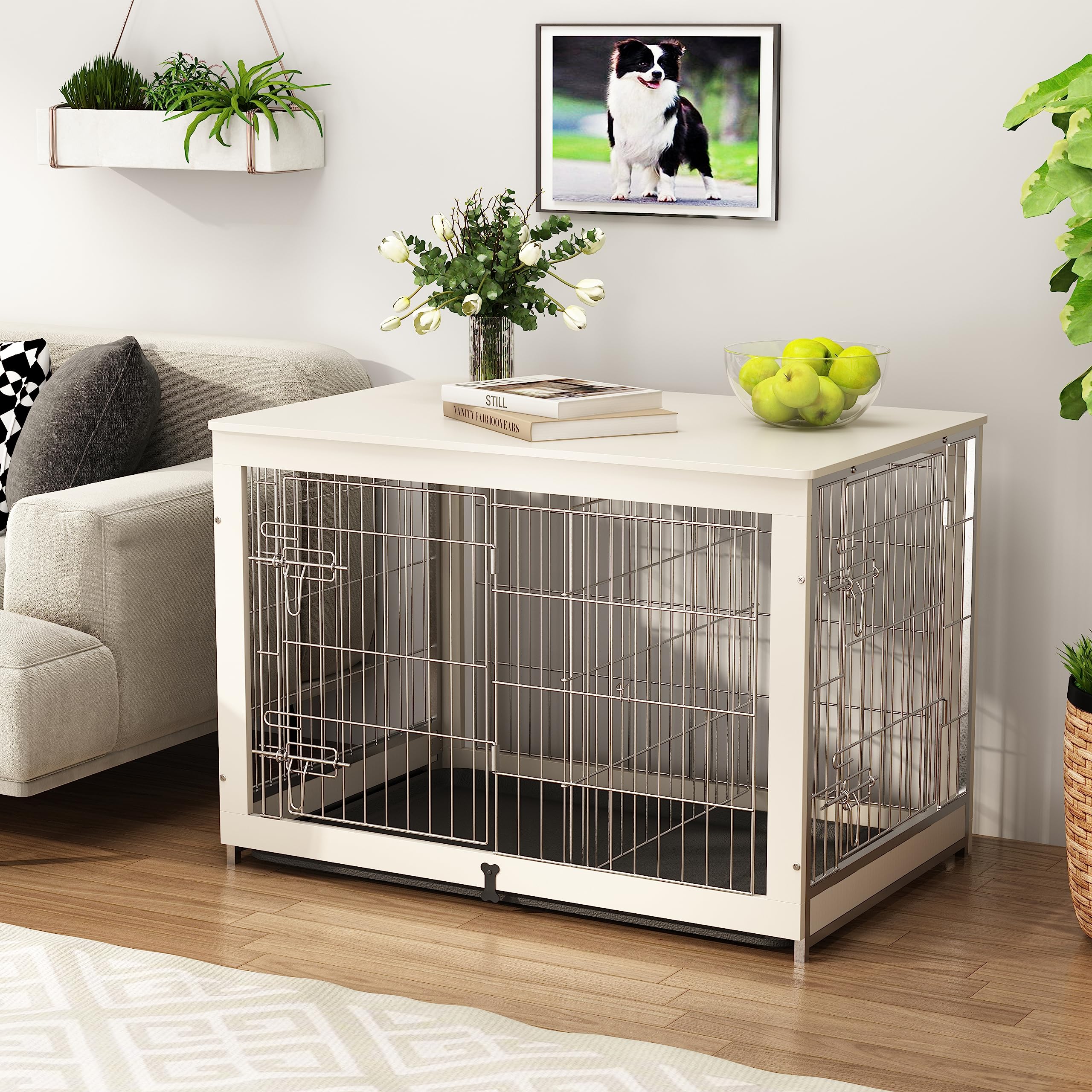 Piskyet White Wooden Dog Crate Furniture with Divider Panel - 37.8