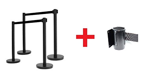 Retractable Belt Stanchion Set - 4 Posts + 1 Wall Barrier with Black Belt for Crowd Control, Queue Management | Perfect for Retail Stores, Banks, Airports & Event Venues