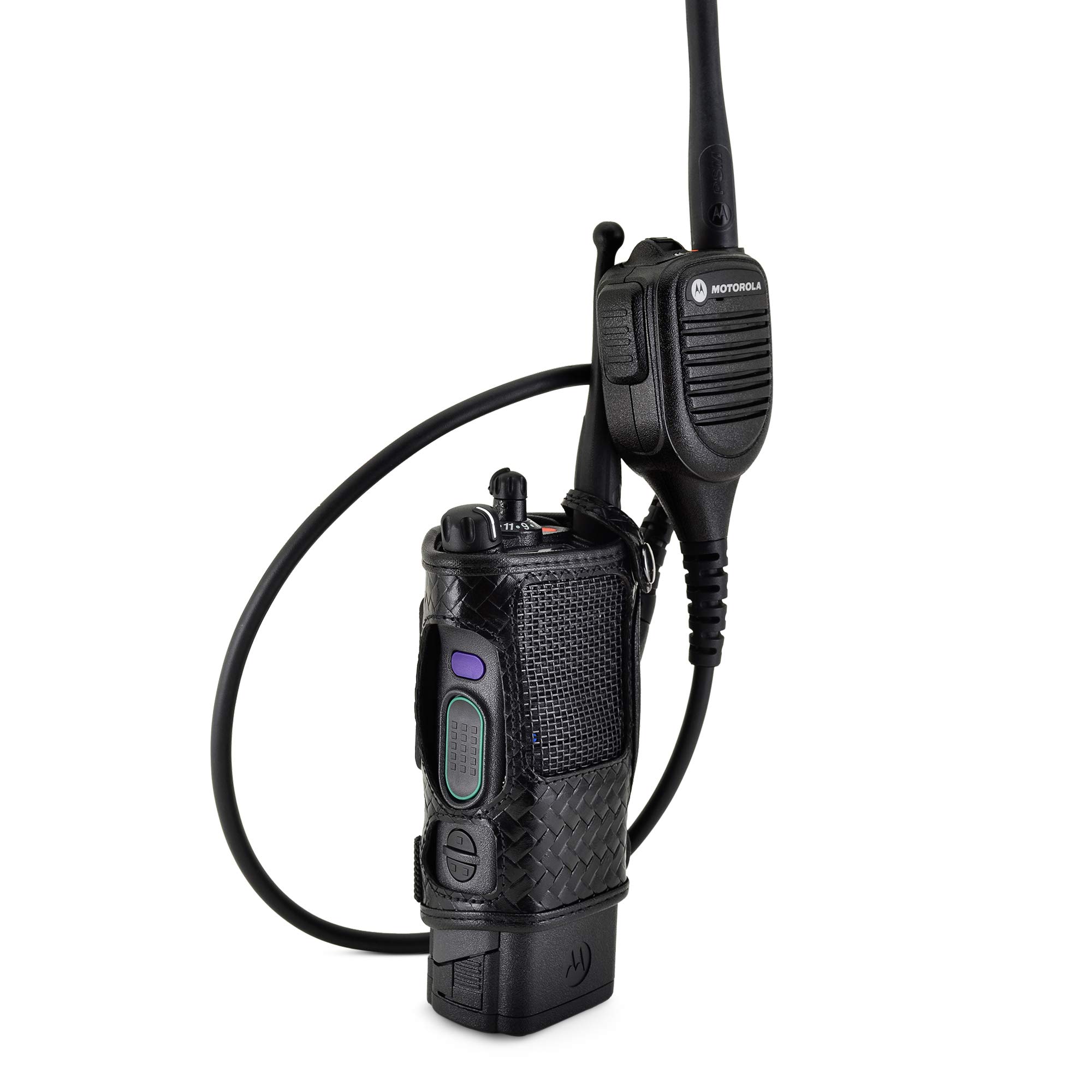 Durable Basket Weave Leather Radio Holster for Motorola APX6000 - Heavy-Duty Ratcheting 2.25