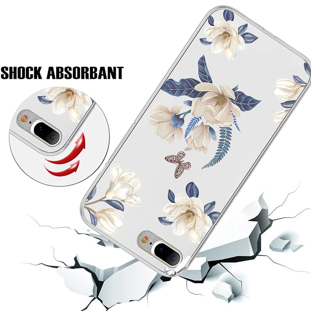 Premium Cute Clear Slim Shockproof TPU Rubber Phone Case for iPhone 7 Plus/8 Plus - Floral Design Protective Cover for Women & Girls - Perfect for Everyday Use, Work & Travel (White Flower Pattern)