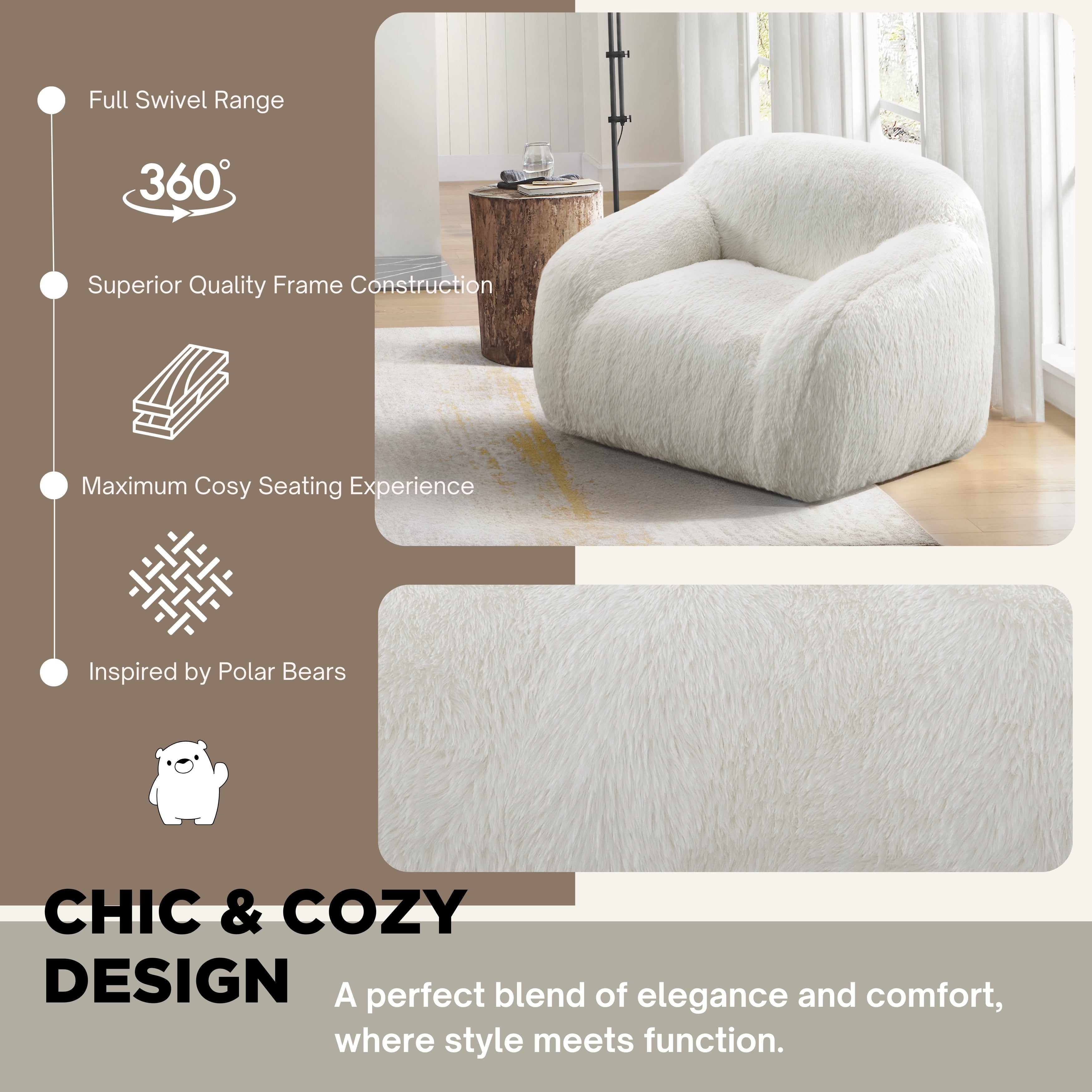 Adell Polar Bear Faux Fur Swivel Cuddle Chair - Roundhill Furniture - Cozy Rotating Accent Chair for Living Room, Bedroom & Nursery - Perfect for Relaxing, Reading & Lounging