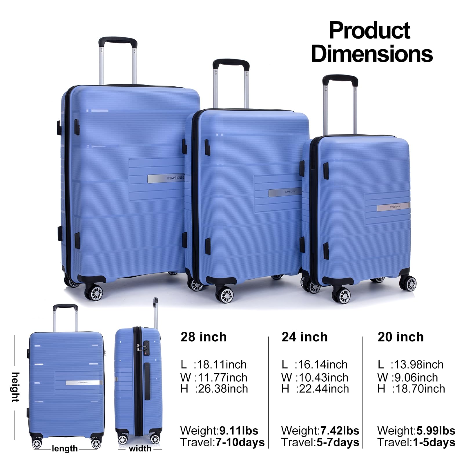 3-Piece Lightweight Hardside Luggage Set with Double Spinner Wheels & TSA Lock (20/24/28 Inch) - Purple Blue | Carry-On Suitcase for Air Travel, Business Trips & Family Vacations