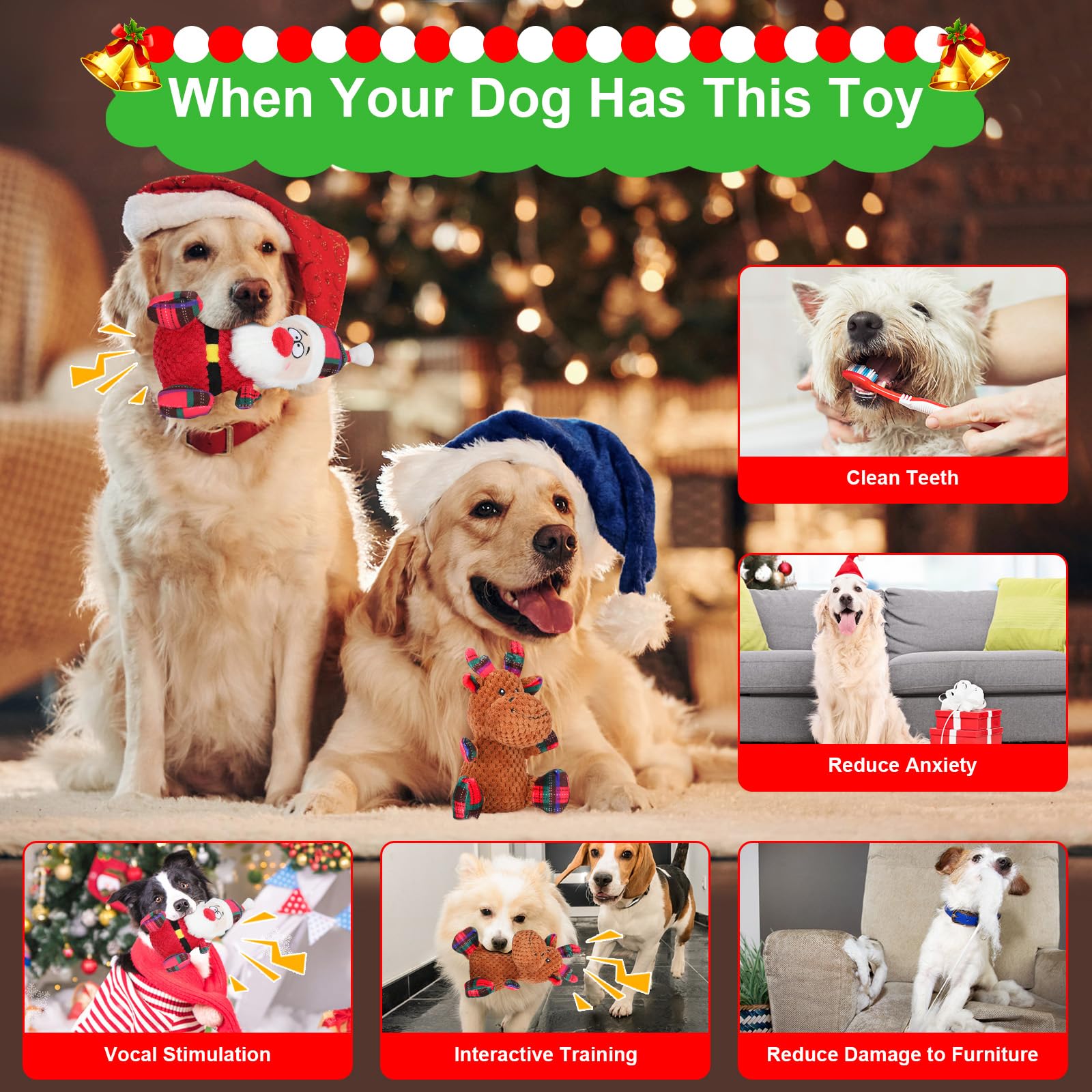 Christmas Dog Toys - 2 Pack Plush Squeaky Chew Toys with Santa & Reindeer Shapes, Interactive Puppy Toys for Small & Medium Dogs | Perfect for Holiday Playtime, Training Rewards & Dog Gift Ideas