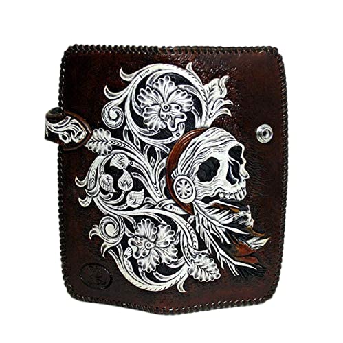 Handcrafted 3D Genuine Leather Biker Wallet for Men - Sheridan Style Skull Design with Hand-Carved & Hand-Painted Details | Custom Personalized Long Leather Wallet for Motorcycle Enthusiasts & Gift Giving