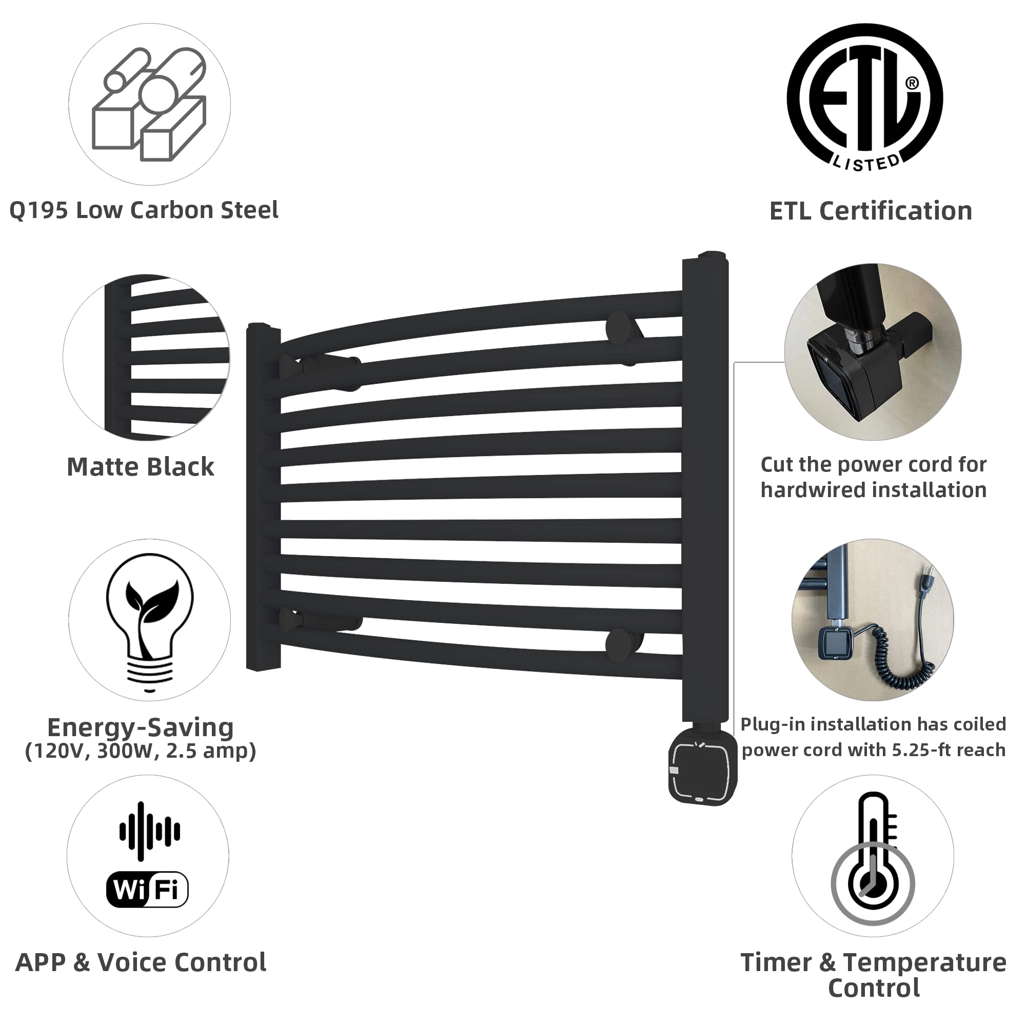 HEATGENE Smart Towel Warmer with Timer & Temperature Control - Electric Heated Towel Rail for Bathroom, Matte Black - Perfect for Spa, Luxury Hotels & Cozy Home Use