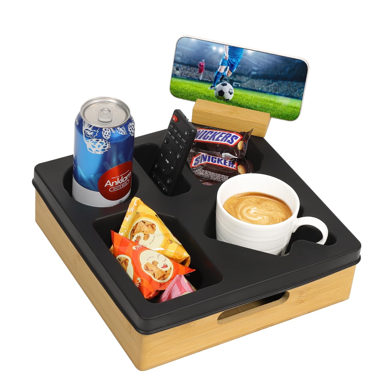 Rotatable Couch Cup Holder Tray with Phone Stand - Waterproof Sofa Caddy Organizer for Drinks, Snacks & Remote Control - Anti-Spill Bedside & Living Room Accessory (Black) | Perfect for Movie Nights, Gaming & Relaxing on Sofa or Bed