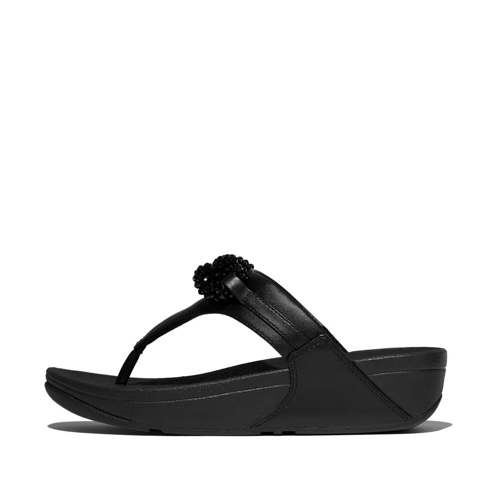 FitFlop Lulu Beaded Chain Leather Sandals for Women - Comfortable Black Slide Sandals with Adjustable Straps | Perfect for Beach, Vacation & Summer Outfits