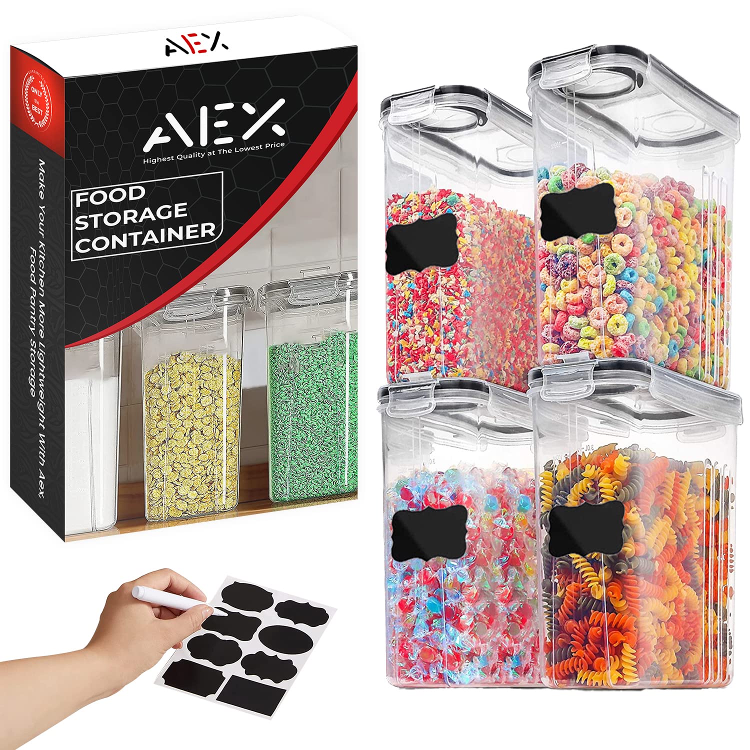 AEX 4-Pack Airtight Food Storage Containers for Cereal, Sugar, Flour & Snacks - Leak-Proof with Black Locking Lids - Perfect for Pantry Organization, Kitchen Storage & Bulk Food Dispensing