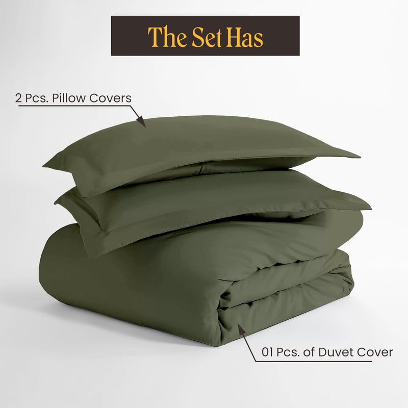 Premium 600 Thread Count King/Cal King Size Duvet Cover Set - 3 Piece Soft & Breathable Bedding with Zipper Closure & Corner Ties - Moss Green - Perfect for Luxury Bedrooms, Guest Rooms & Hot Sleepers